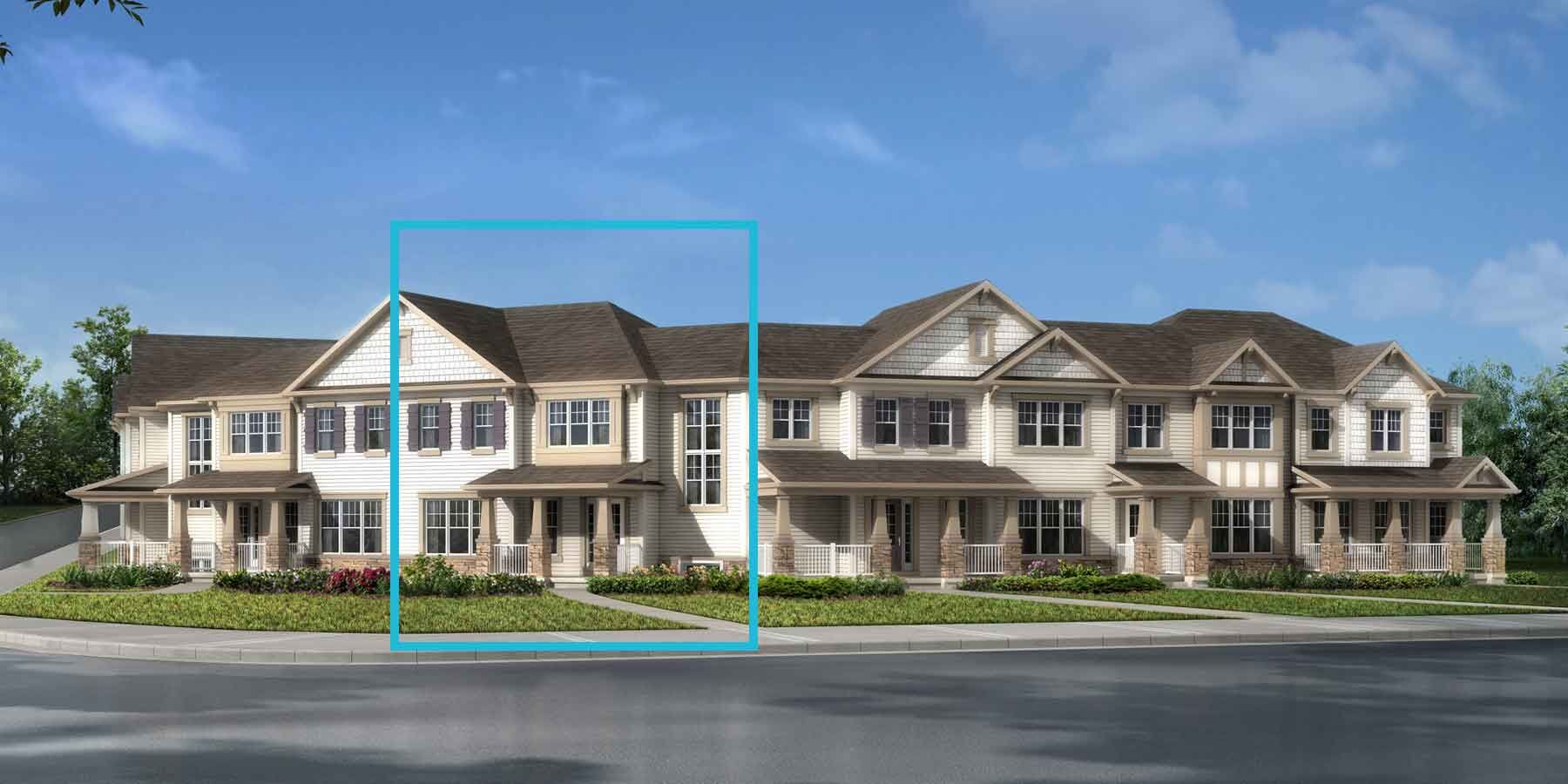 2 story Craftsman style townhomes with stone columns, white and beige exterior, many windows, brown roof, square outlining part of the townhome