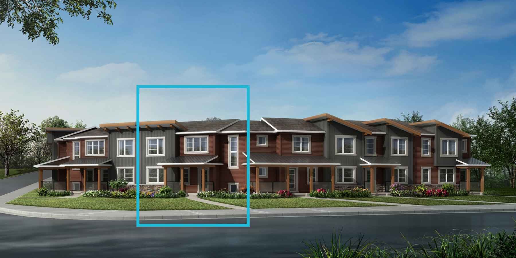 2 story attached Mountain Contemporary home with white-framed windows, dark red and grey exterior, many windows, blue square outlining one of the townhomes
