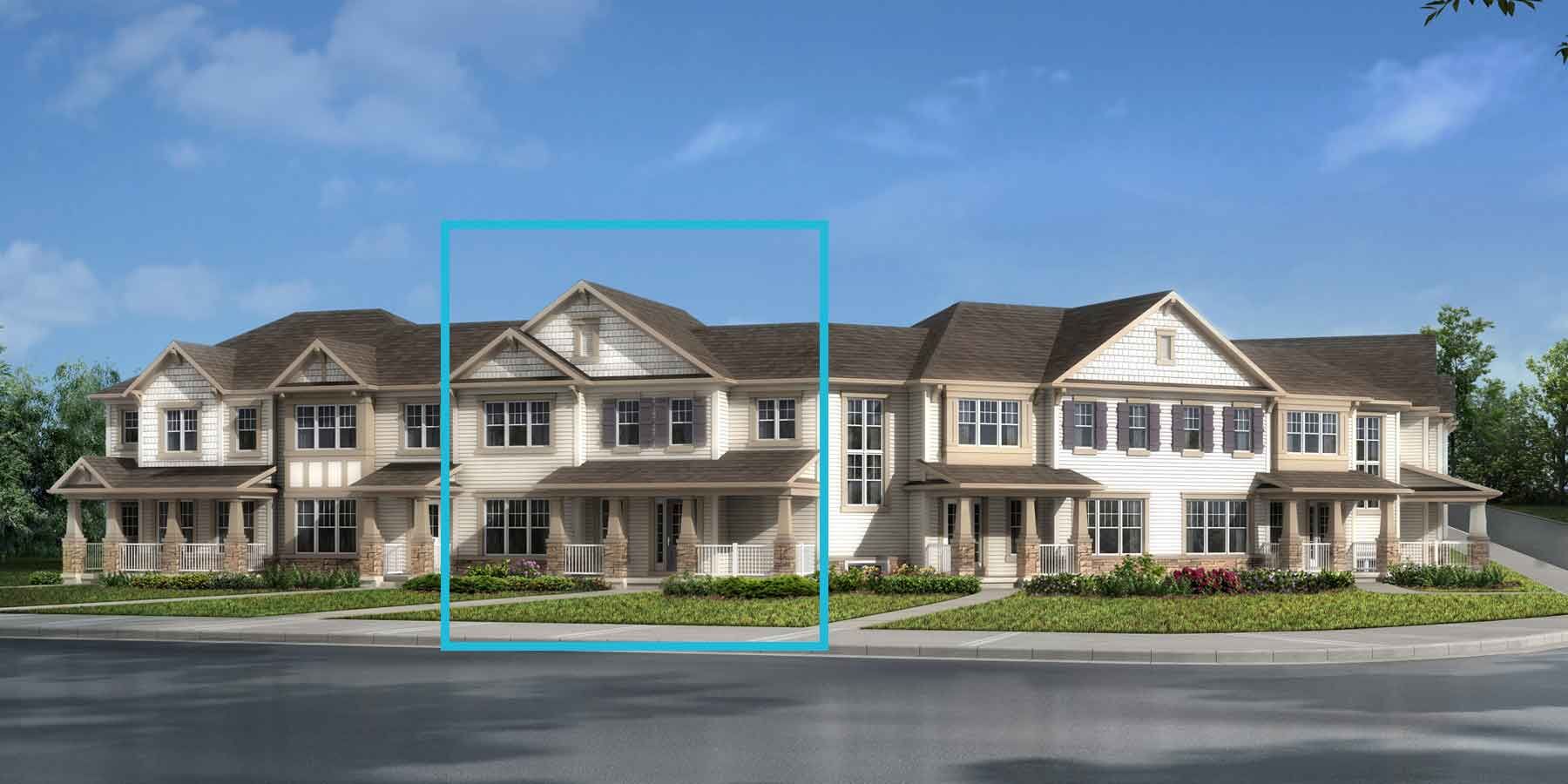 2 story Craftsman style townhomes with light exterior, stone columns, dark brown ceilings, many windows, and blue square outlining one of the townhomes