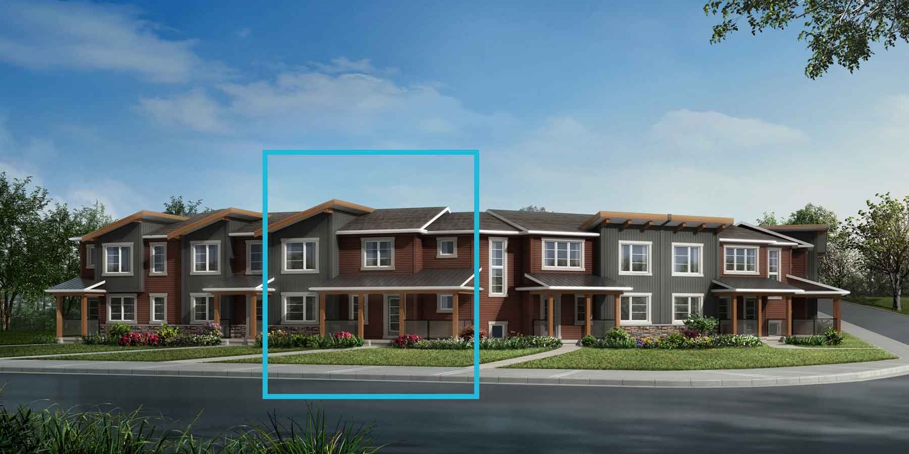 2 story attached Mountain Contemporary home with dark grey and red exterior, many windows, blue square outlining one of the townhomes