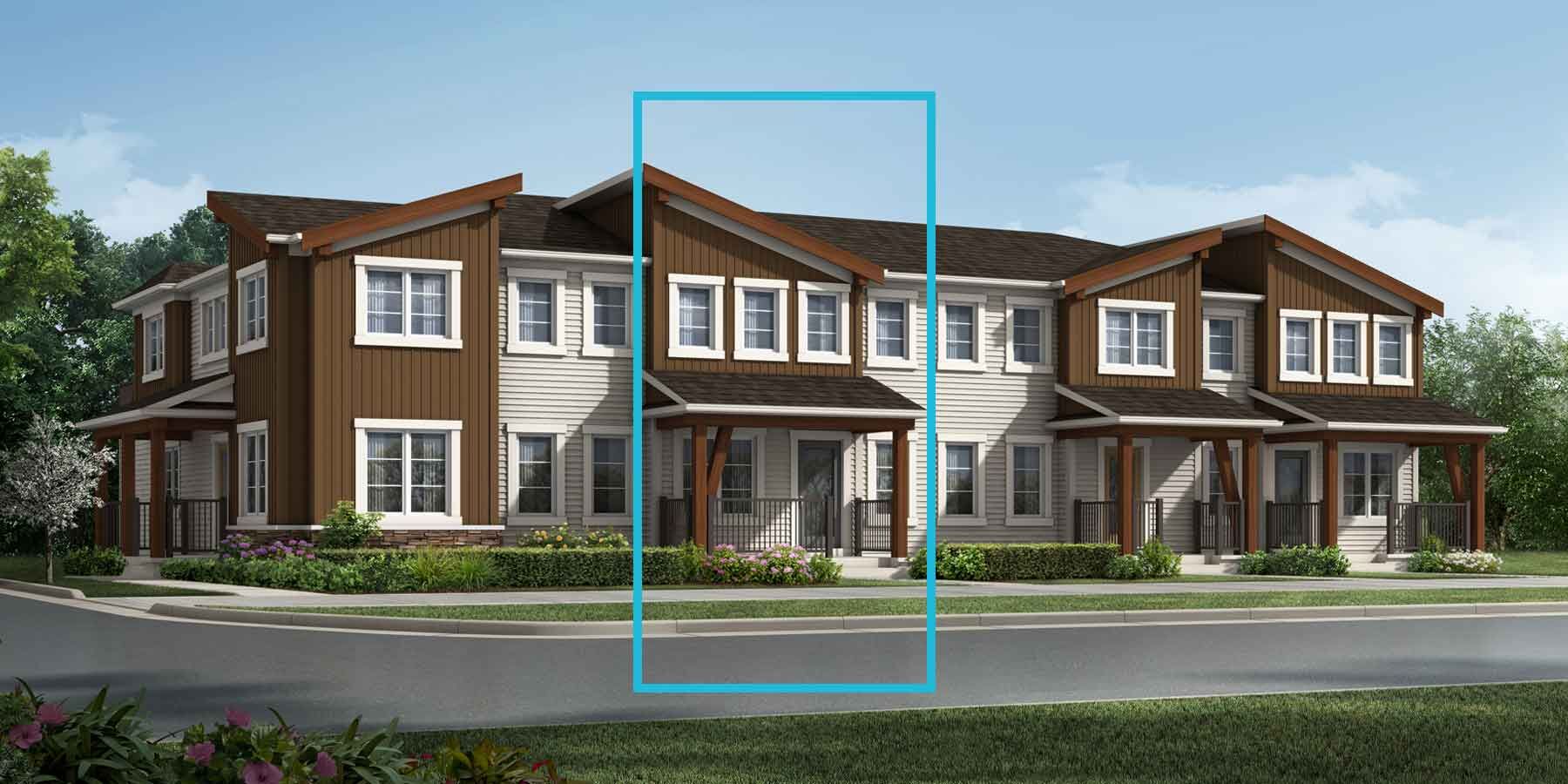 2 story attached Mountain Contemporary style home with slanted roof sections, white trim, many windows, brown and light exterior, wooden pillars.