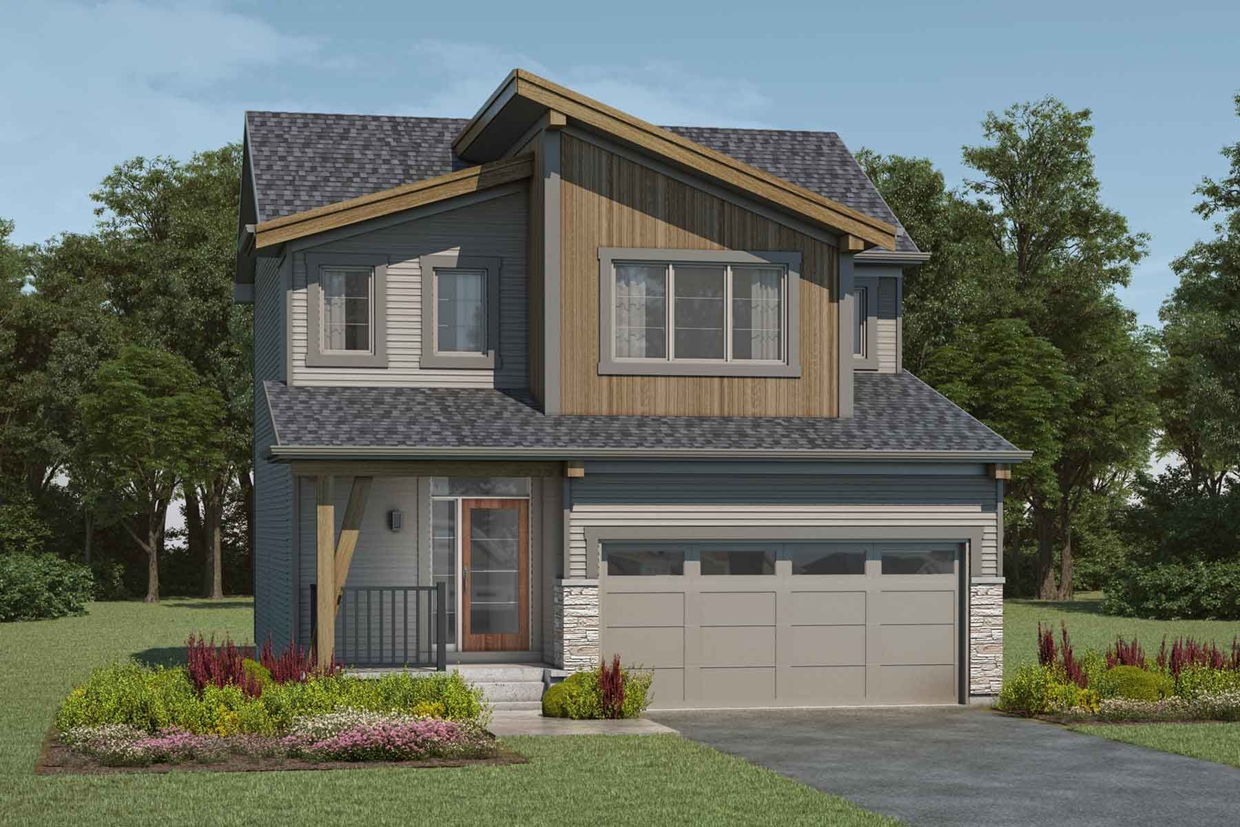 2 story detached Mountain Contemporary home with light grey exterior, dark grey roof, wood accents and trim, many windows, front porch, double car garage