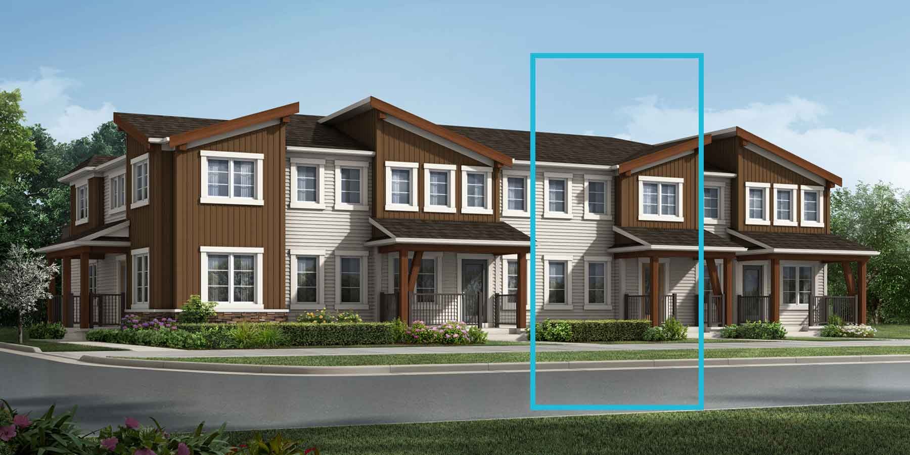 2 story attached Mountain Contemporary homes with brown plank and light exterior, dark roof, many windows, white trim, front porches, and blue rectangle circling home on right