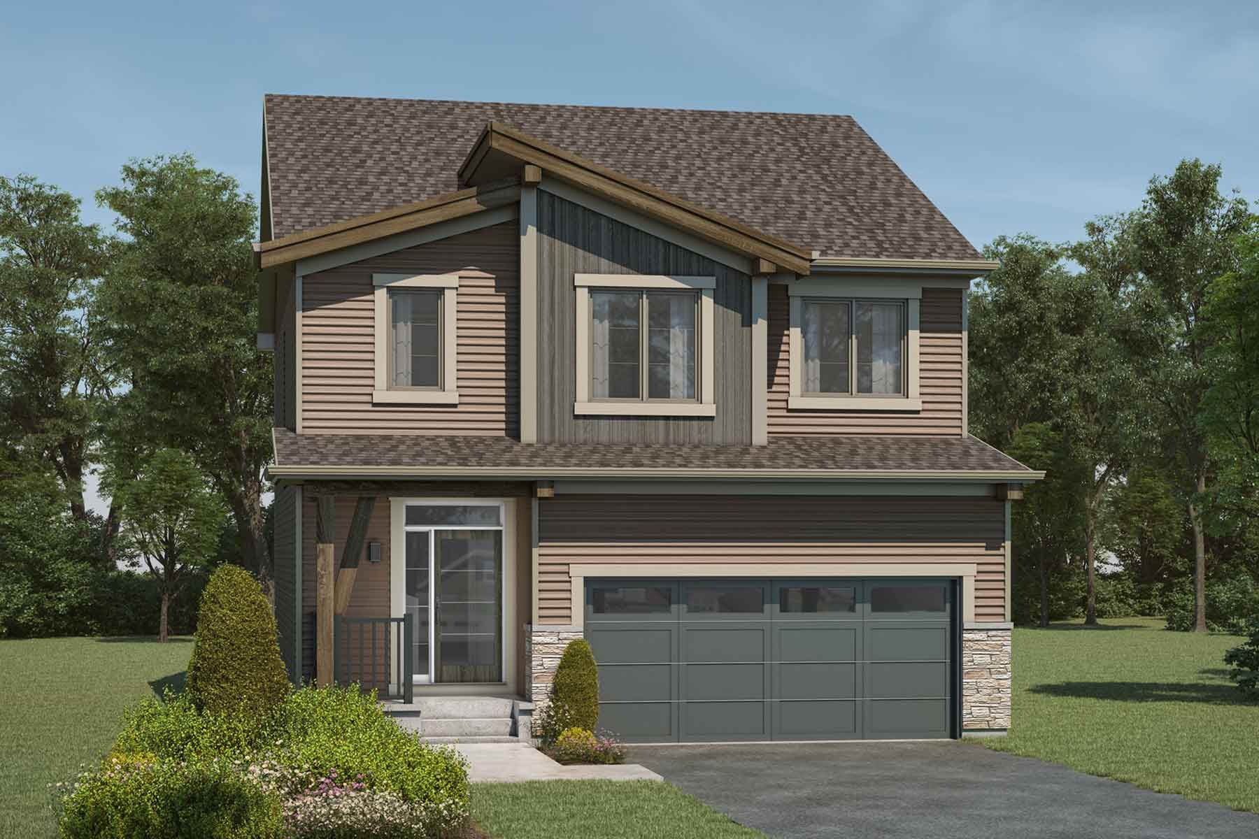 2 detached Mountain Contemporary style home with grey roof, many windows, front porch, wood accents, grey and neutral exterior, double car garage.