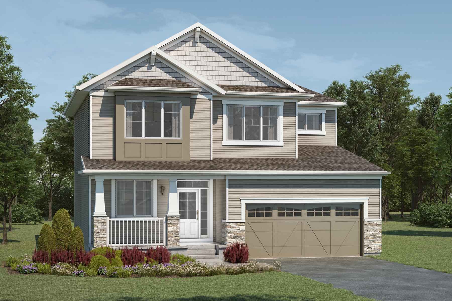 2 story detached Craftsman style home with light exterior, brown roof, many windows, front porch, and double car garage