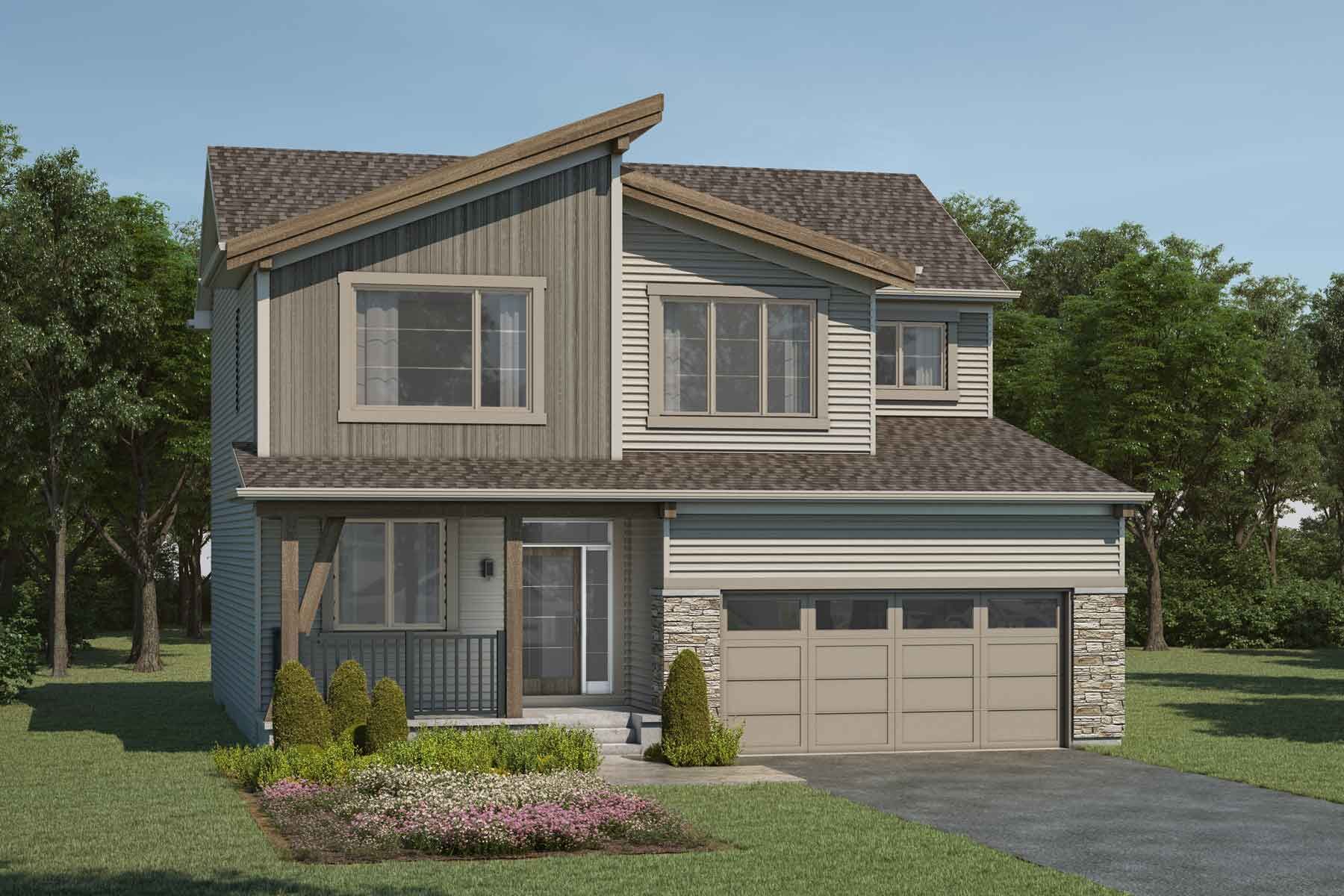 2 story detached Mountain Contemporary style home with light beige exterior, brown roof, large windows, front porch, and double car garage