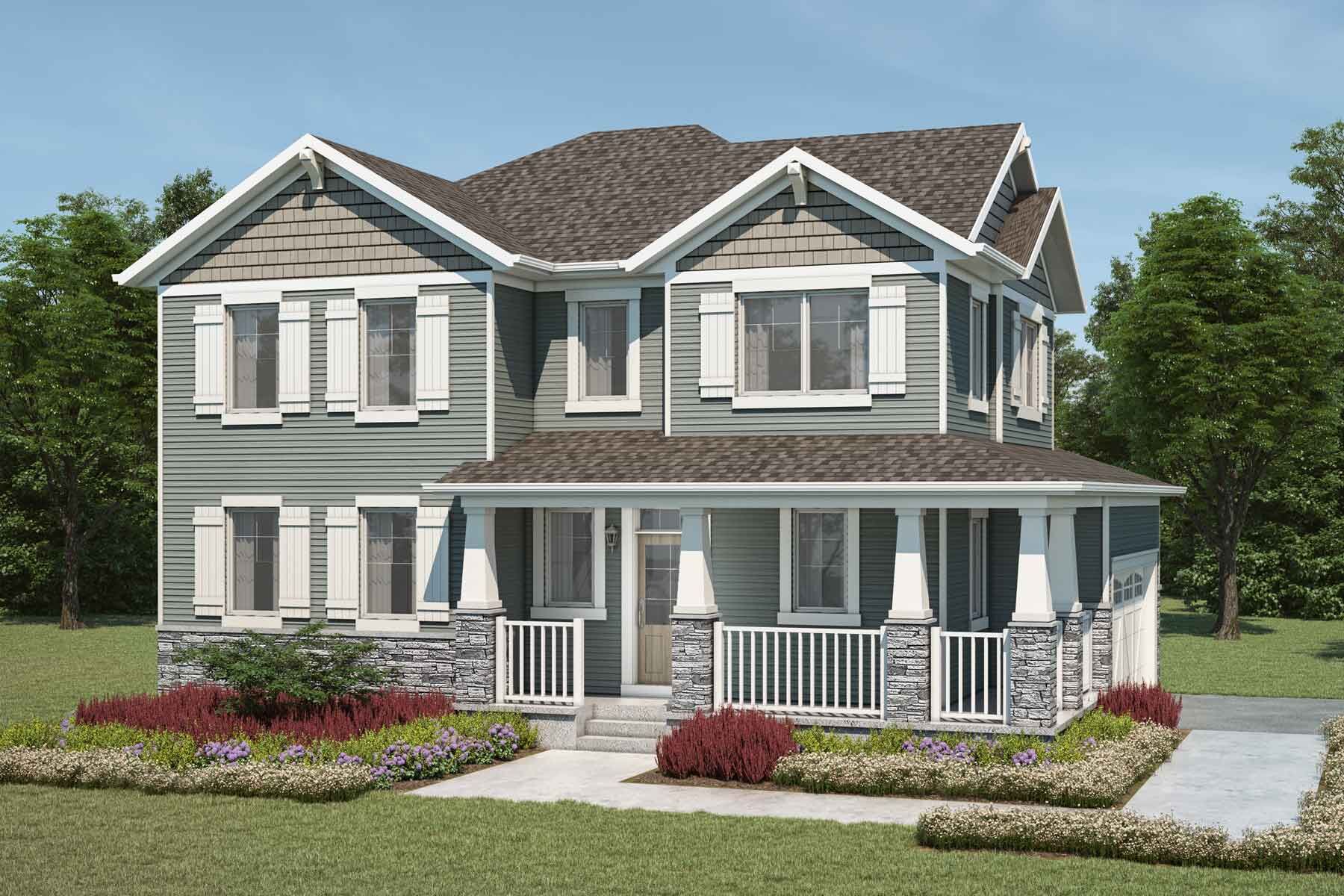 2 story Craftsman style detached home with beige and muted mint colour, white trim, brown roof, wrap around porch, many windows, garden and walkway, and double car garage