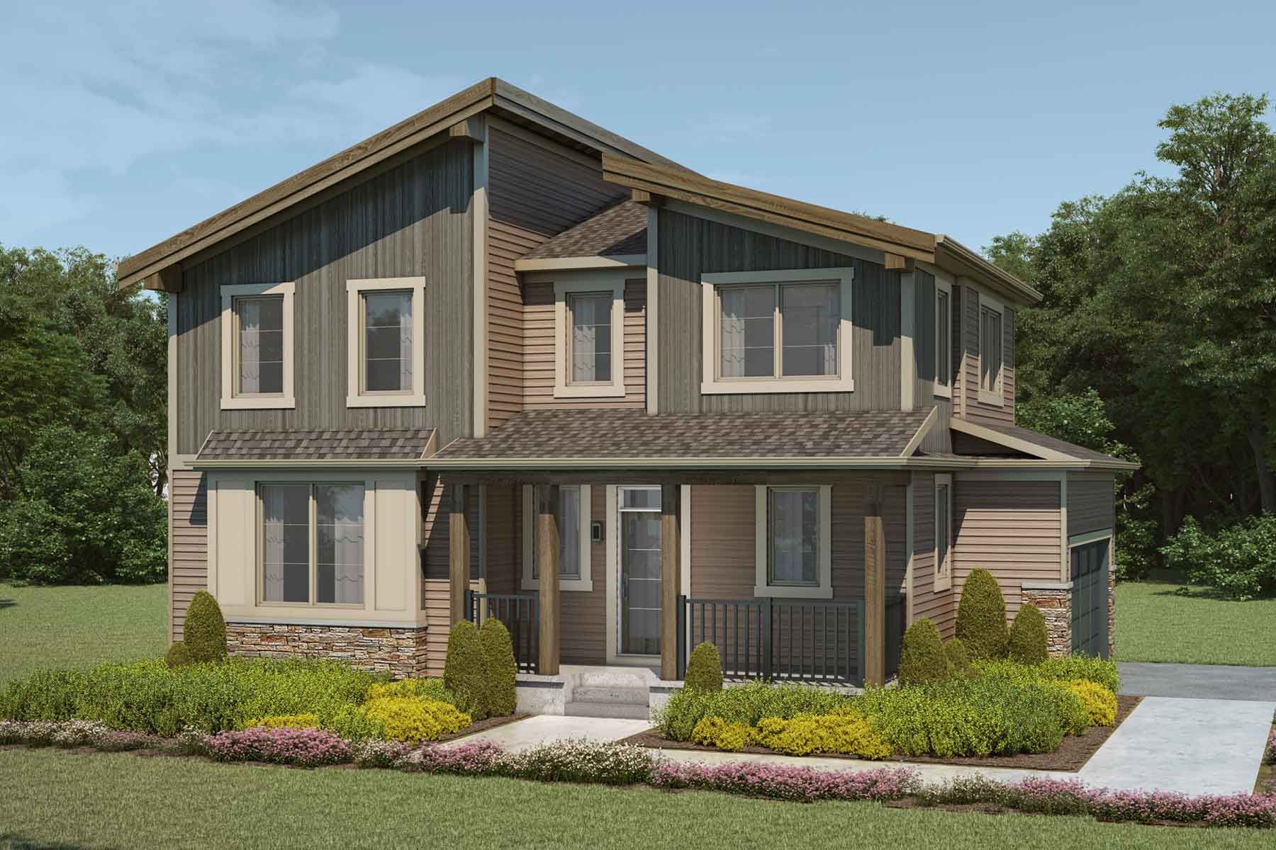 2 story Mountain Contemporary detached home with forest green and beige exterior with dark roof, cream trim, wood accents, front porch, double car garage on the side