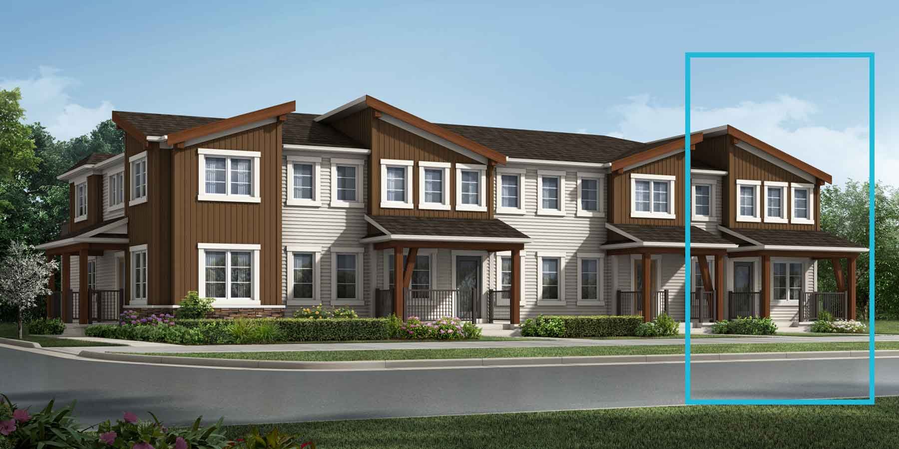 2 story Mountain Contemporary style attached homes with brown and white exterior, dark roof, wood accents, white trim, many windows, front patios, and blue rectangle outlining home on right