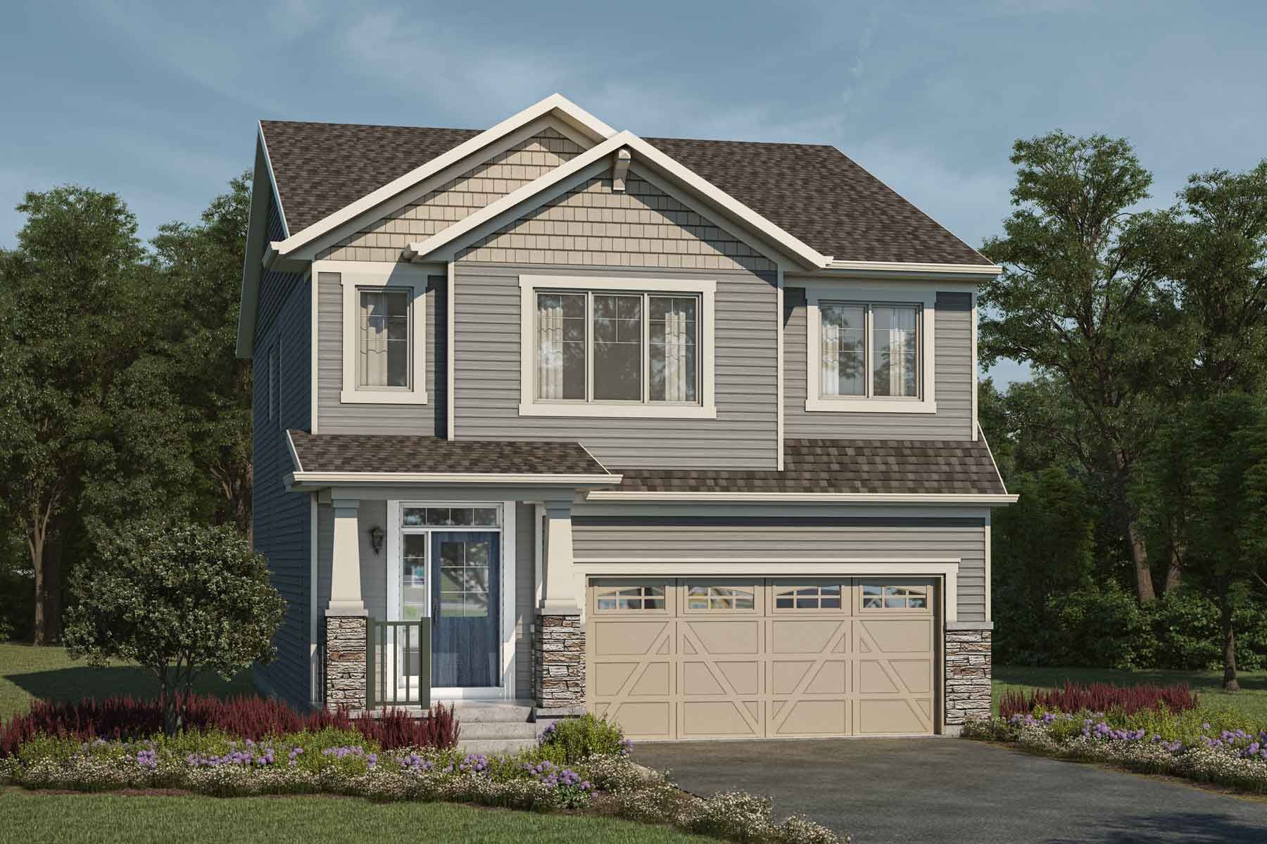 2 story Craftsman style detached home with light exterior, grey roof, large windows, front porch, double car garage