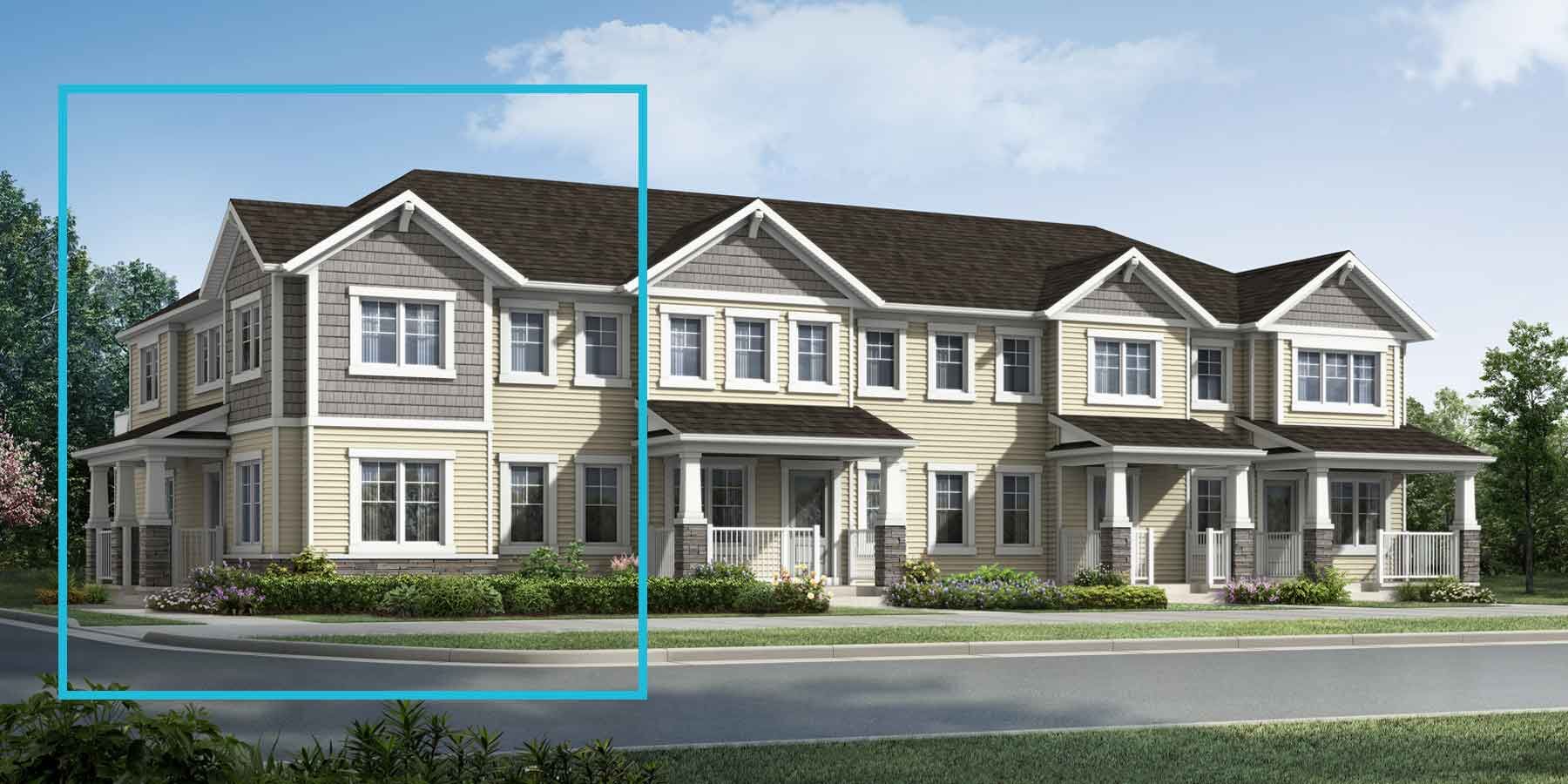 2 story attached Craftsman style home with light exterior, dark roof, many windows, front porches, and blue square outlining home on left