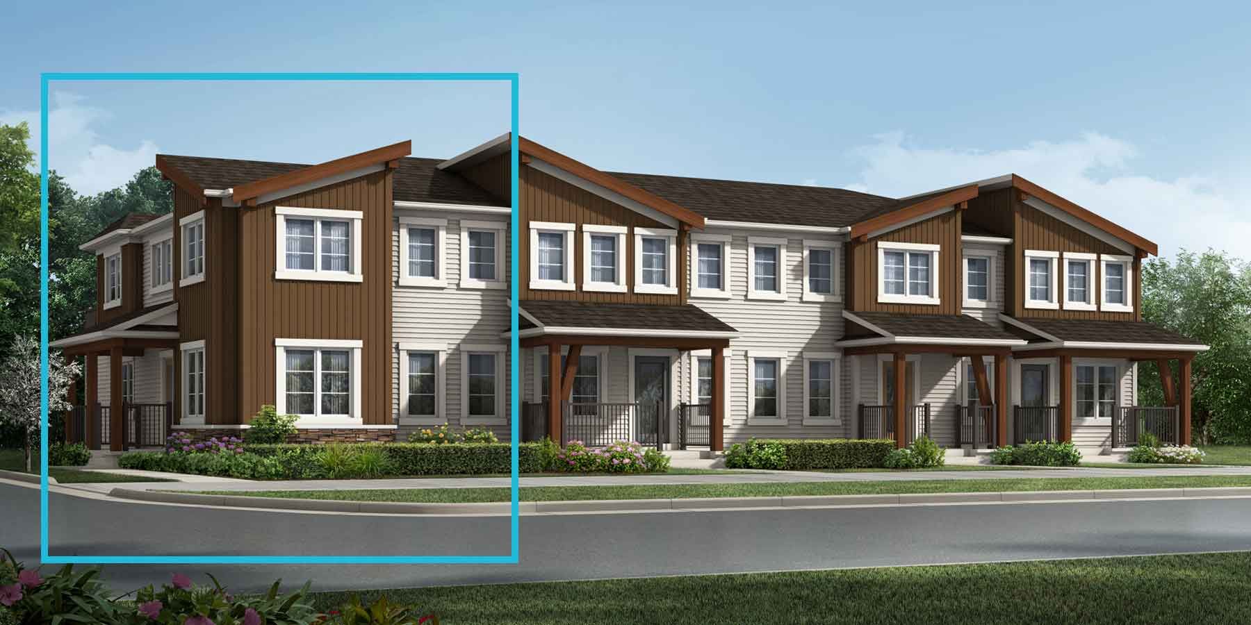 2 story attached Mountain Contemporary style home with brown and light grey exterior, wood accents, white trim, many windows, dark roof, blue square outlining home on left