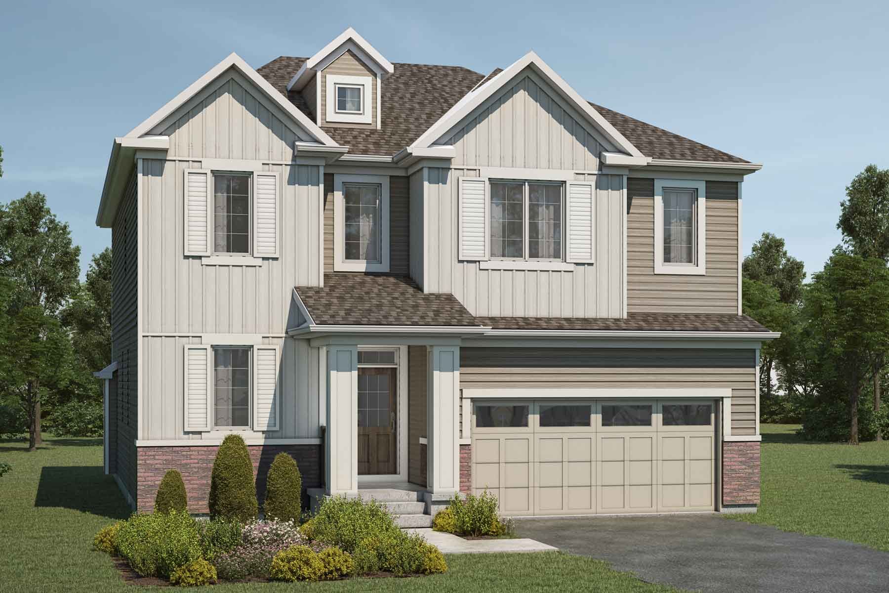2 story single family Colonial style home with beige and light exterior, light brown roof, white trim, front patio, and double car garage