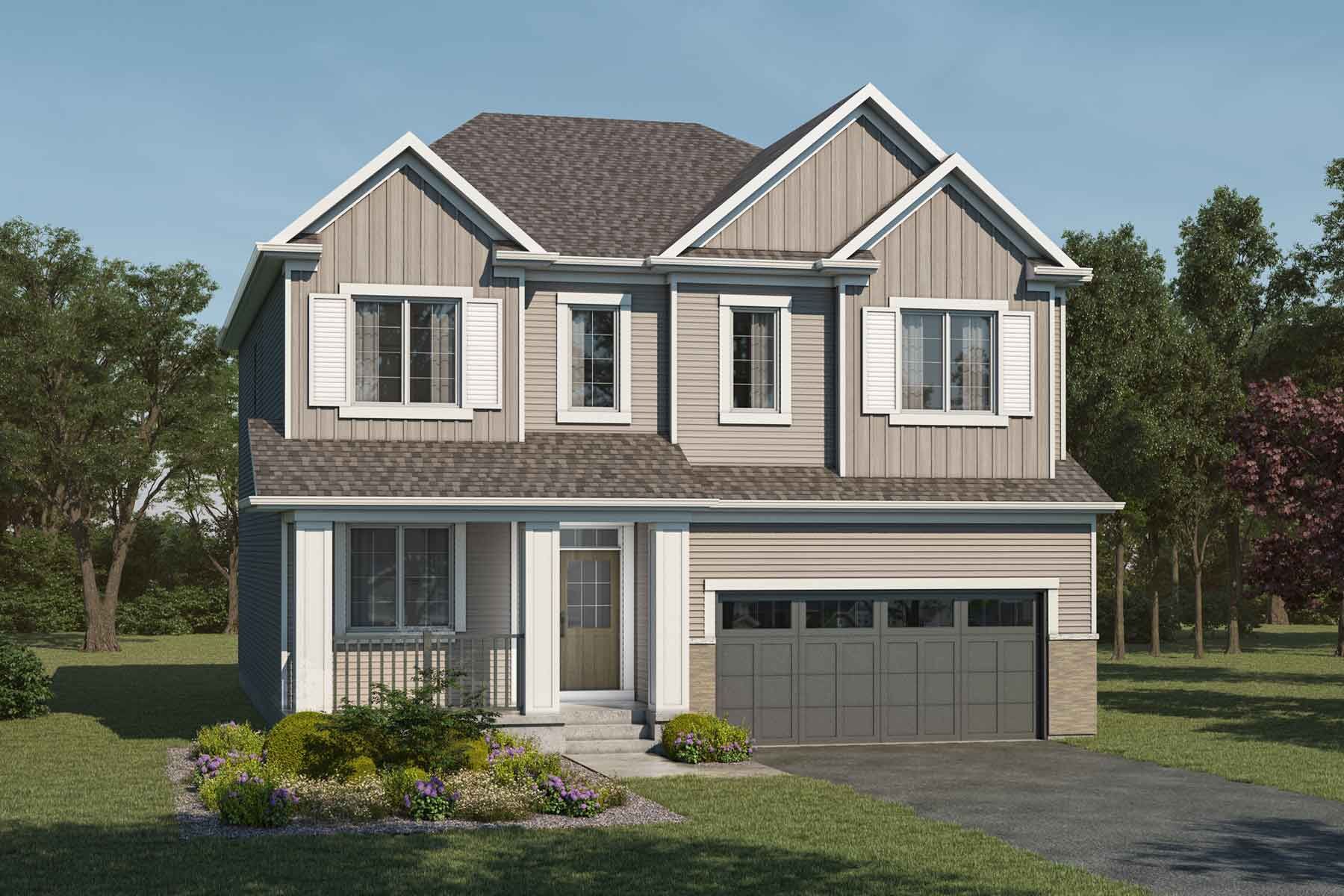 2 story detached Colonial style home with beige exterior, light brown roof, white trim, many windows, front porch, and double car garage