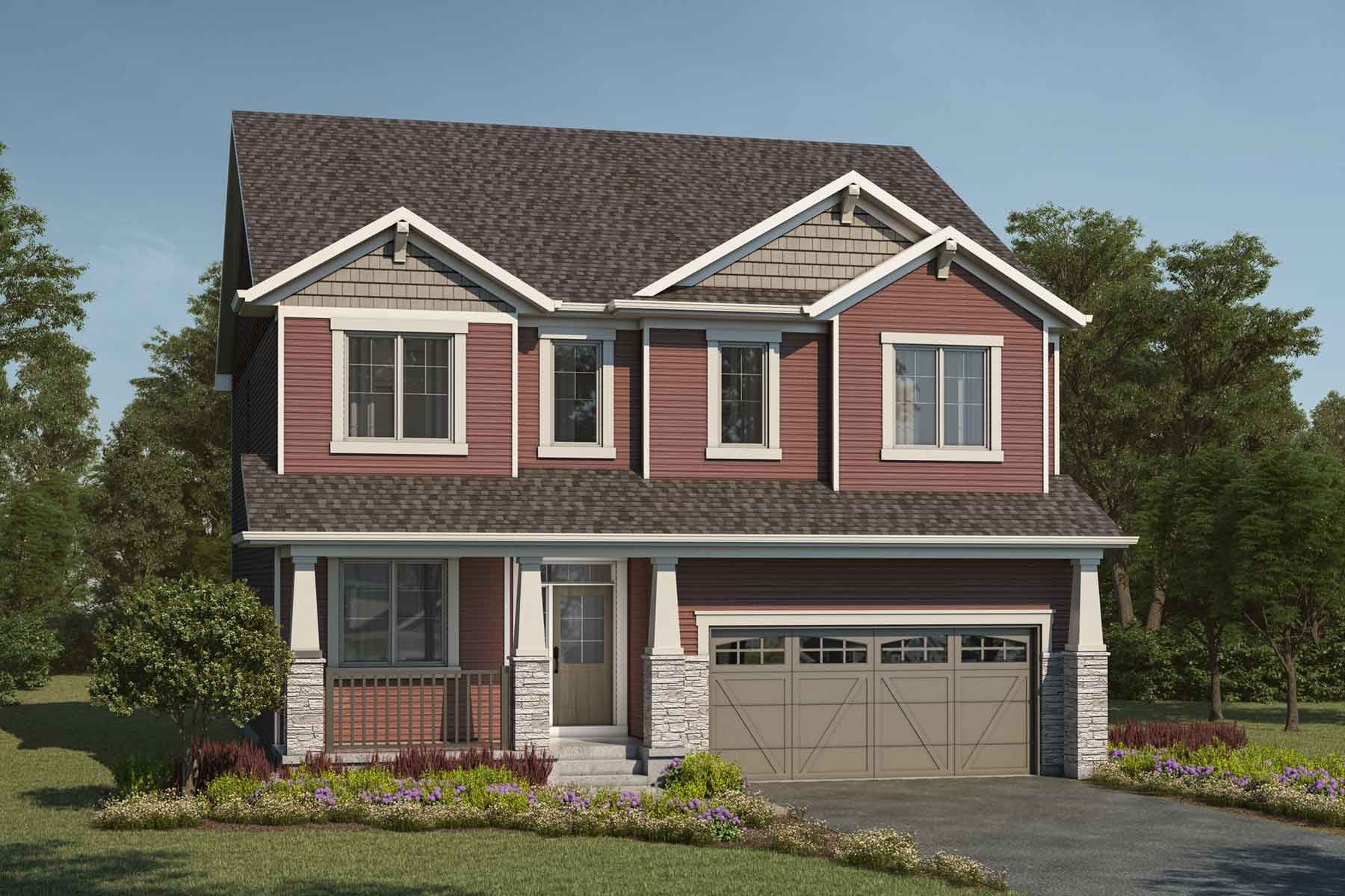 2 story detached Craftsman style home with red exterior, beige accent, grey trim, many windows, white trim, front porch, and double car garage
