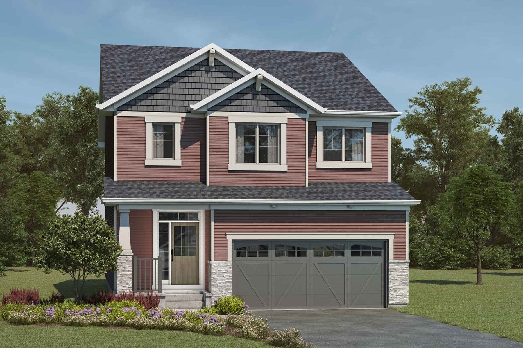 2 story Craftsman style detached home with red exterior, dark grey roof, many windows, white trim, and double car garage
