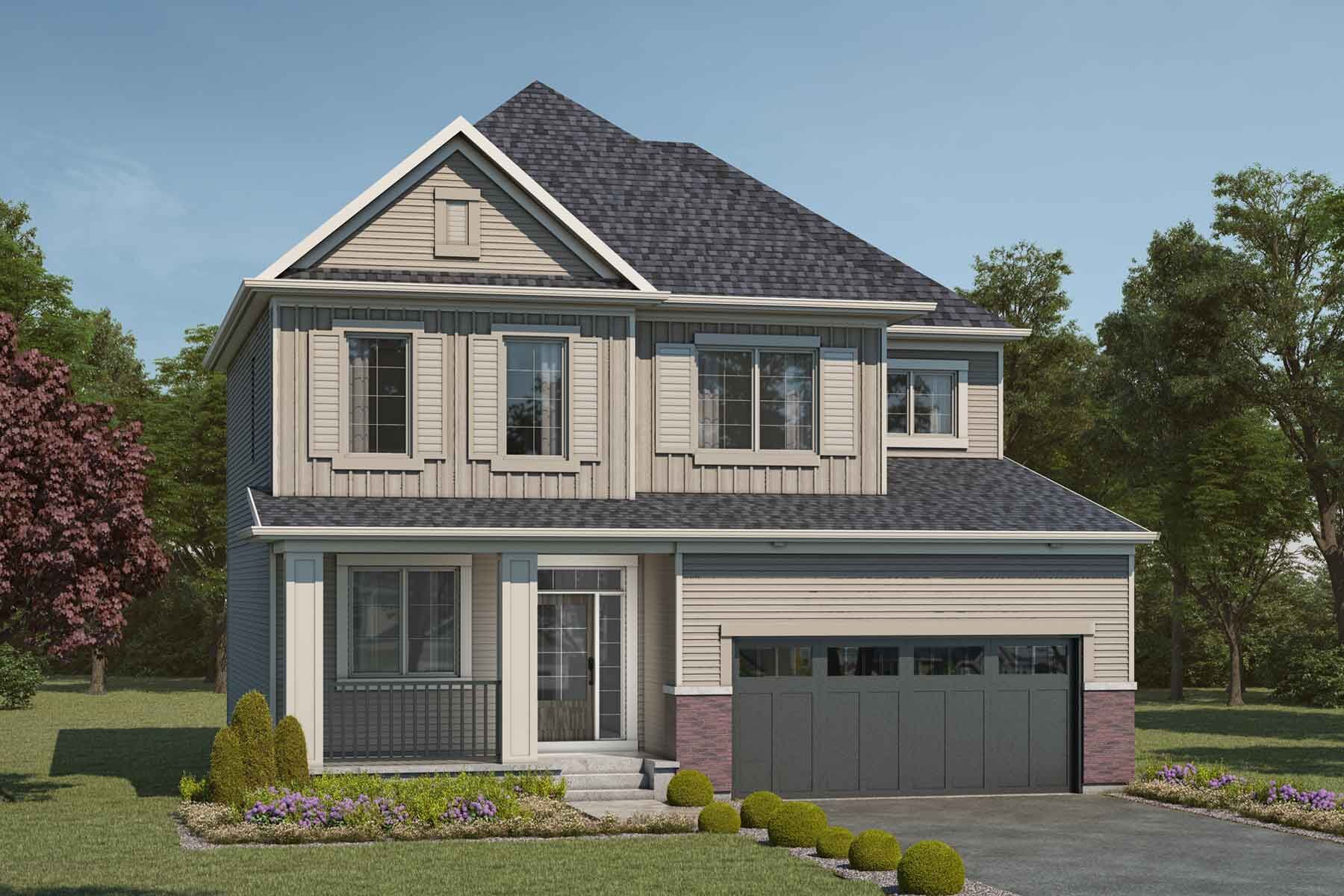 1 story Colonial style detached home with beige exterior, grey roof, many windows, front porch, double car garage