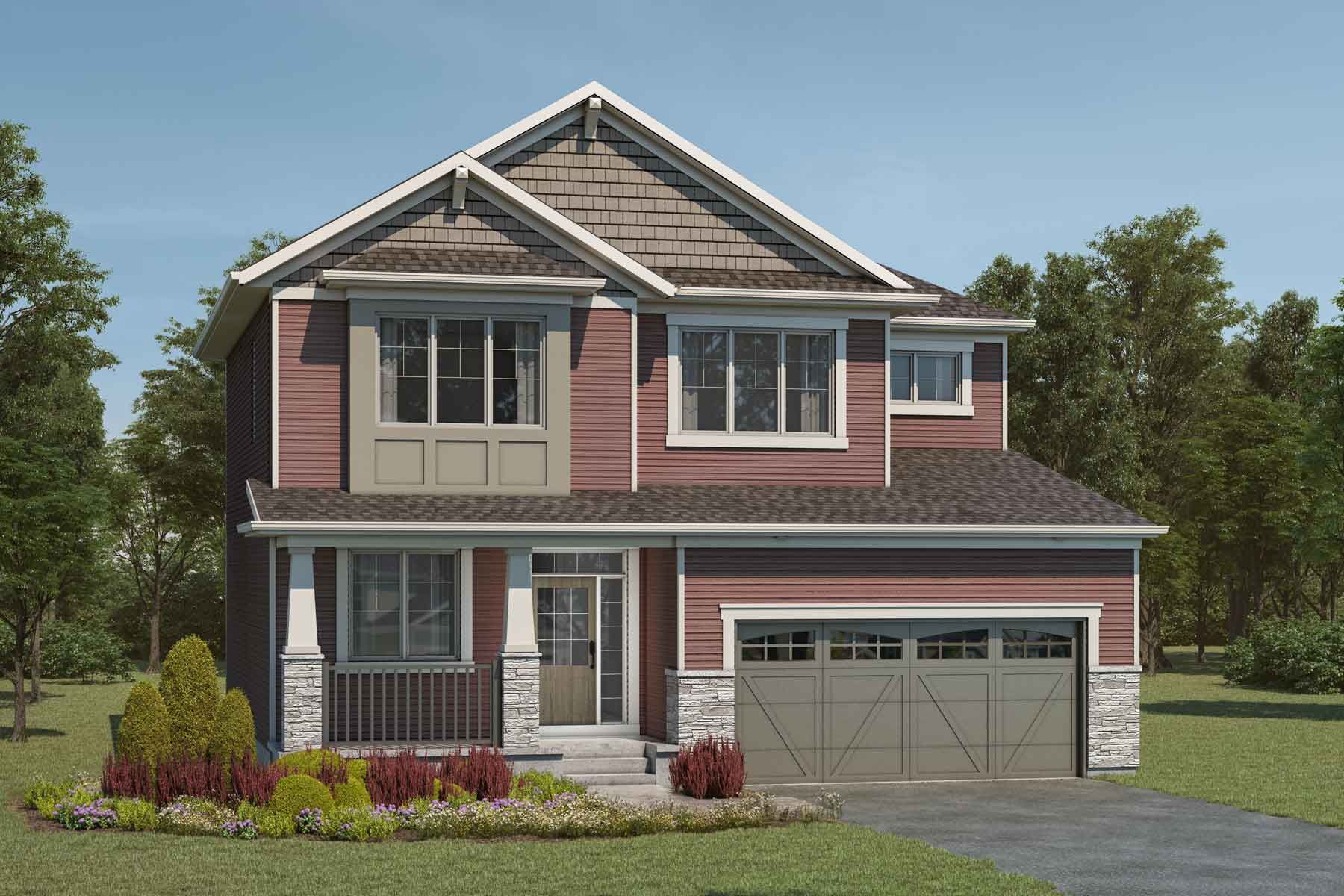 2 story Craftsman style detached home with red exterior, brown roof, many windows, front porch, double car garage