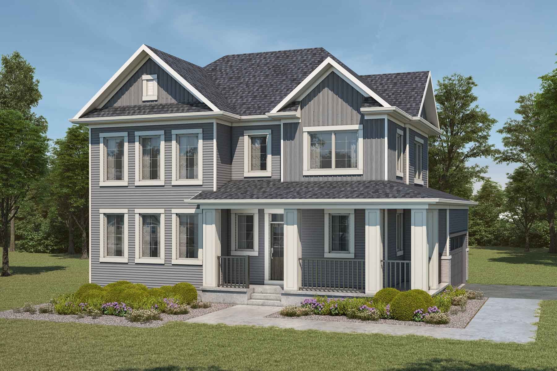 2 story single family Colonial style home with grey exterior, dark grey roof, many windows, white trim, wrap around porch, double car garage on other side