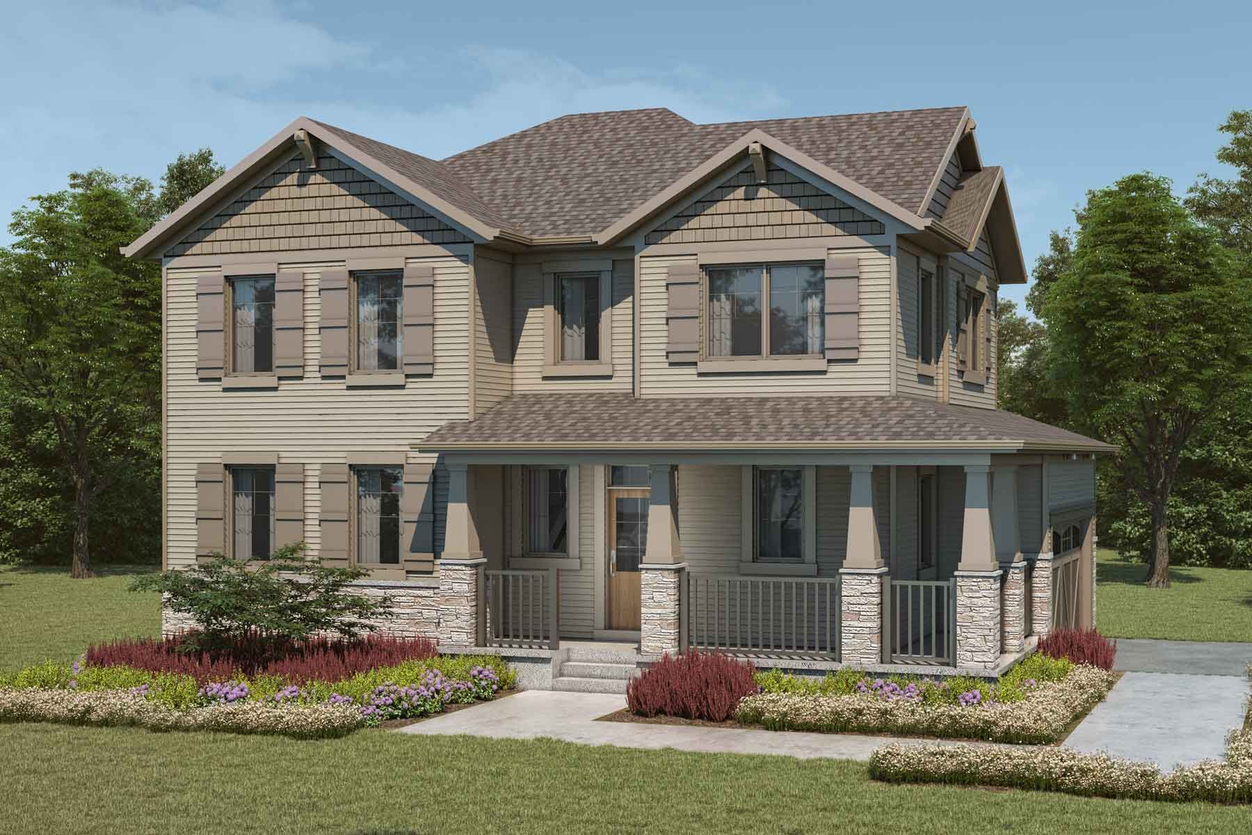 2 story single family Craftsman style home with light brown exterior, brown roof, many windows, wrap around porch, double car garage on other side