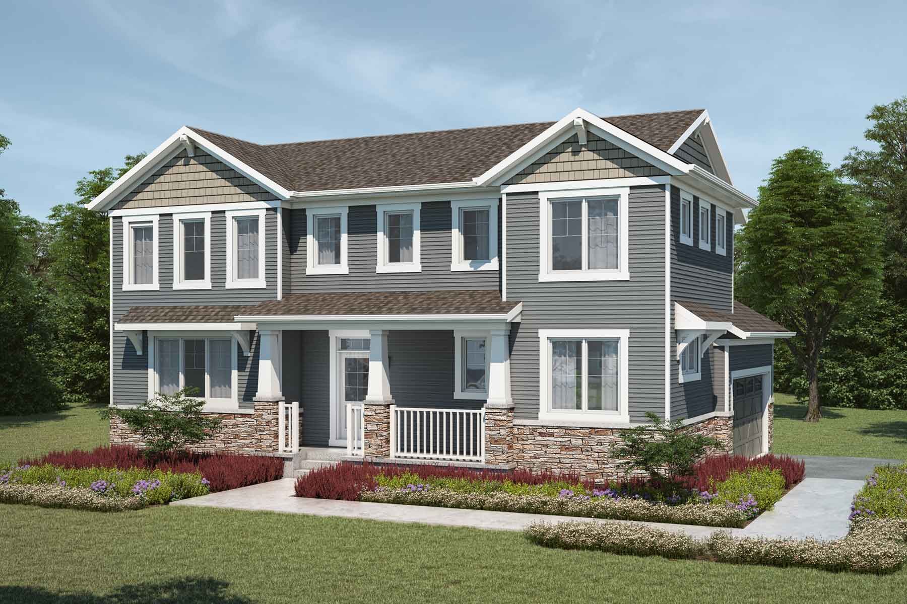 2 story Norquay Craftsman elevation with brown roof, grey exterior, many windows, white trim front porch, and garage on side