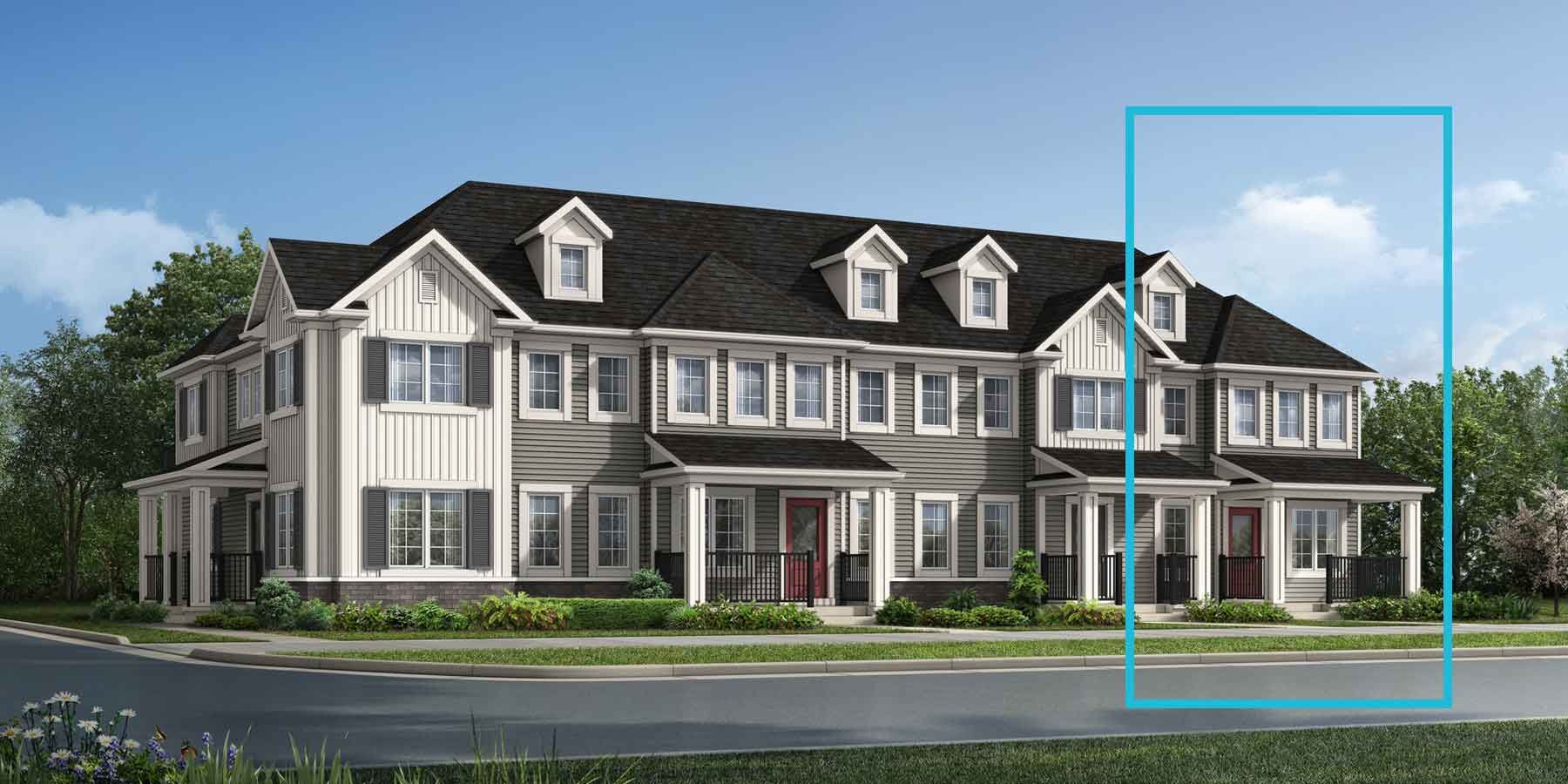2 story Colonial style townhome with white and light grey exterior, black roof, many windows, front porches and blue rectangle outlining home on right