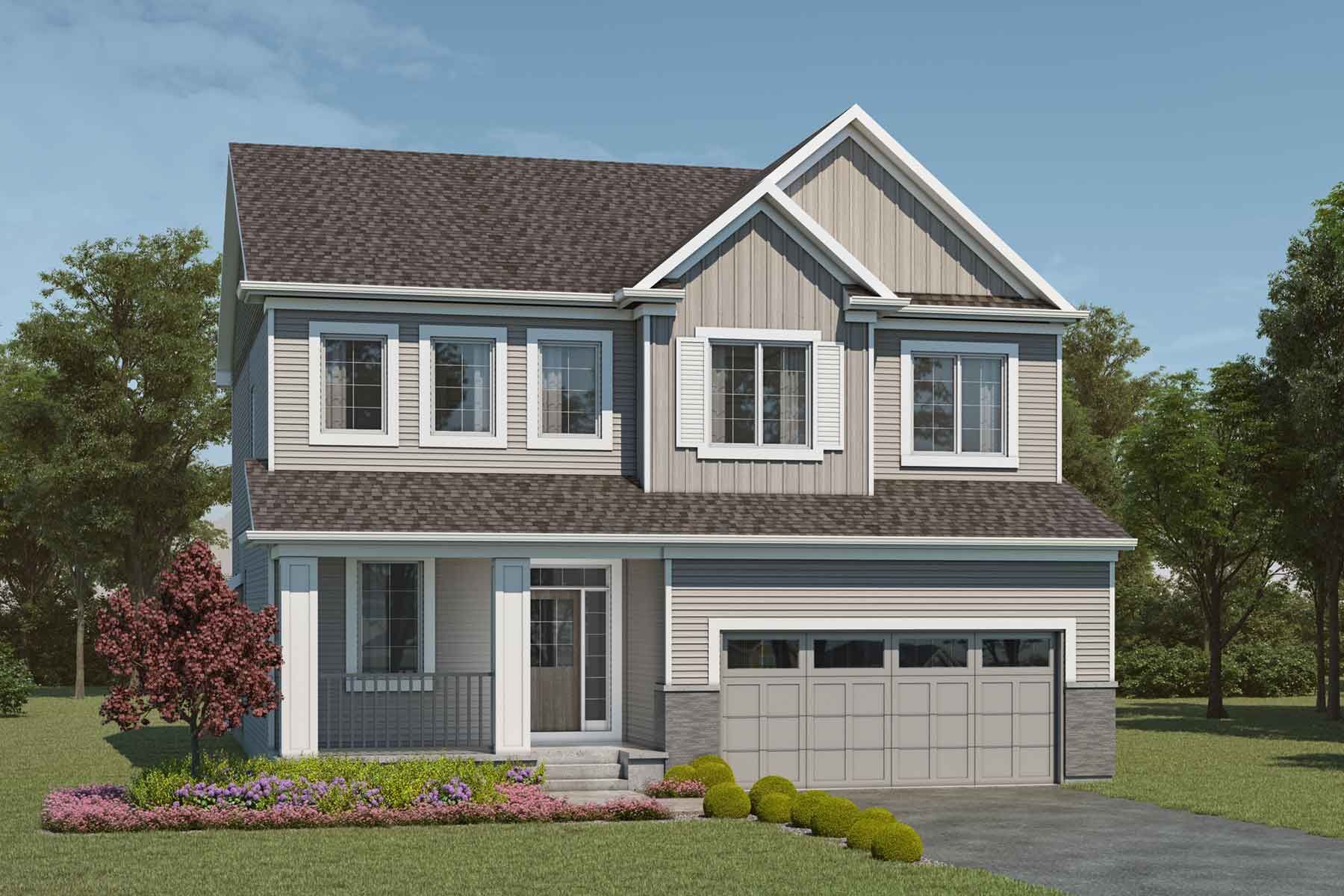 2 story Colonial style detached home with light grey exterior, grey roof, many windows, white trim, front porch, and double car garage