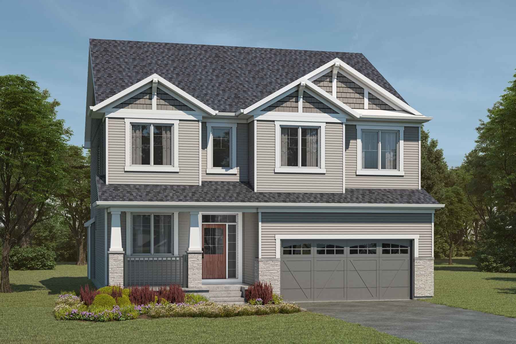 2 story Craftsman style detached home with light grey exterior, grey roof, many windows, front porch, and double car garage