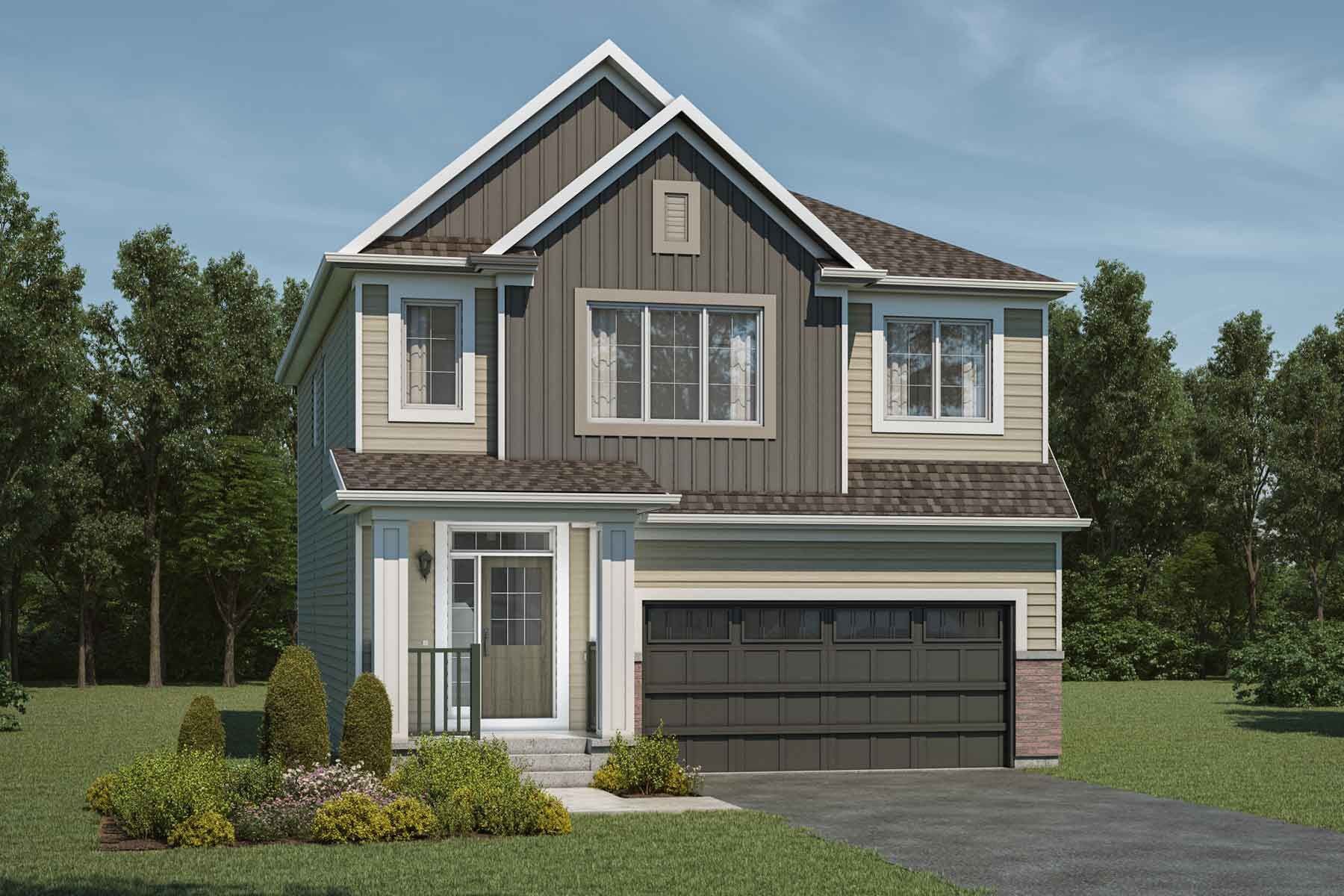 2 story Colonial style detached home with light and dark beige exterior, large windows, brown roof, white trim, front porch, double car garage