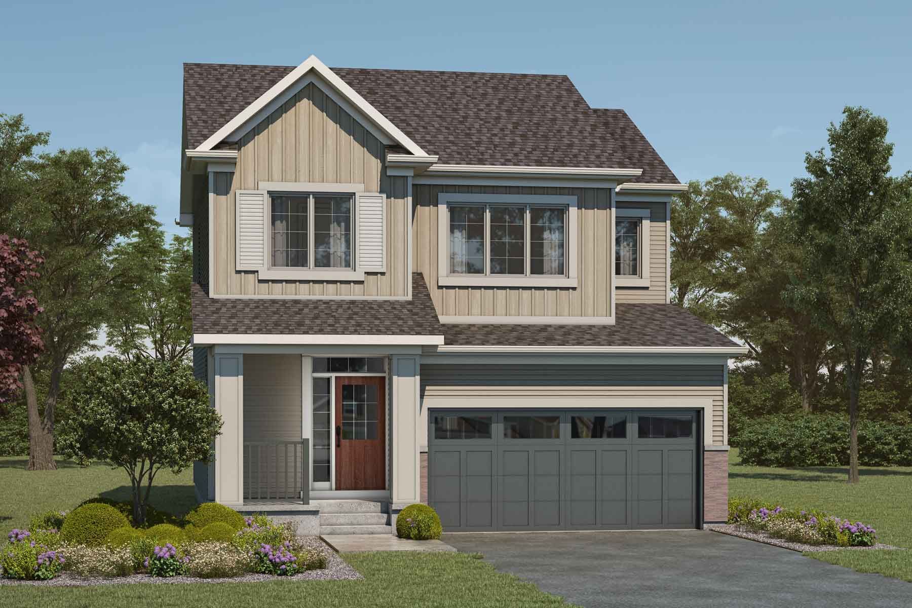 2 story Colonial style single family home with beige exterior, cream trim, blue roof, front porch, and double car garage