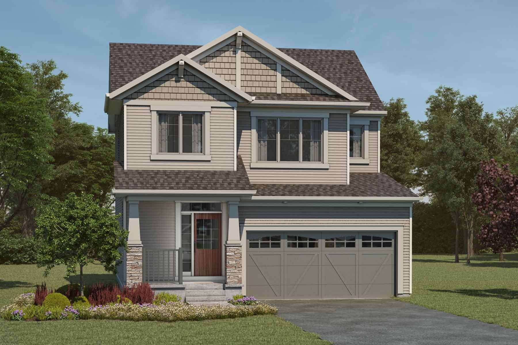 2 story Craftsman style single family home with beige exterior, large windows, light brown roof, front porch, and double car garage