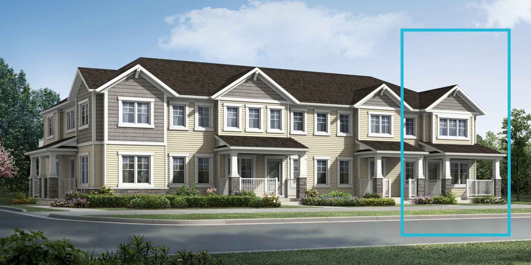 2 story Craftsman style townhome with light grey and light yellow exterior, dark roof, many windows, white trim, front porches, blue outline of home on right