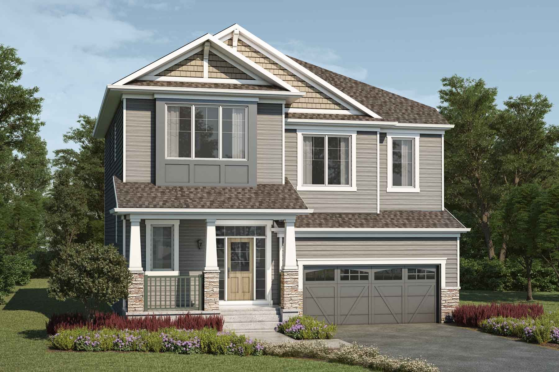 2 story Craftsman style detached home with light grey exterior, yellow and grey accents, brown roof, white trim, front porch, double car garage