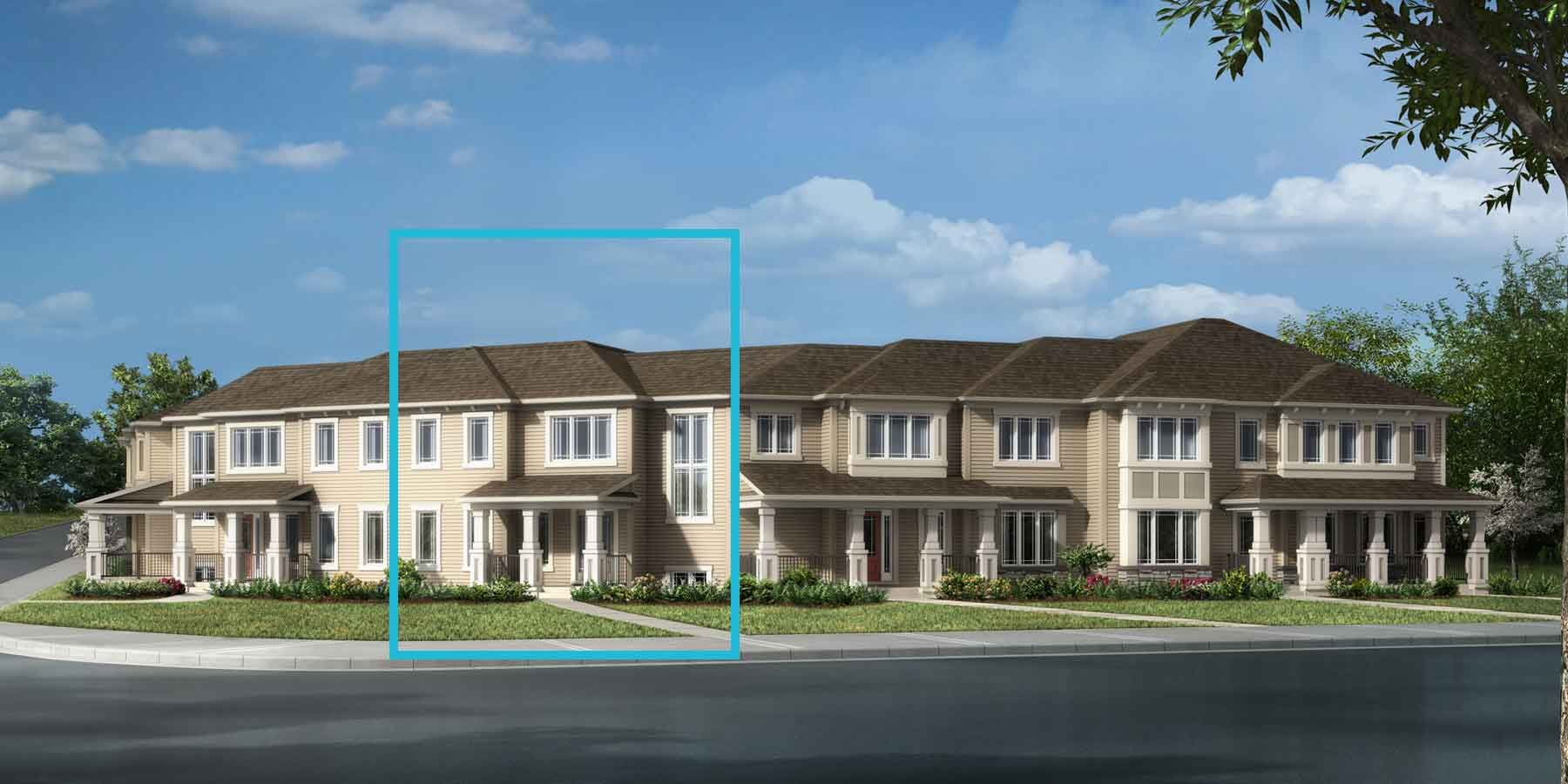 2 story Prairie style attached homes with tan exterior, brown roof, white trim and columns, front porches, blue outline of 2nd left home
