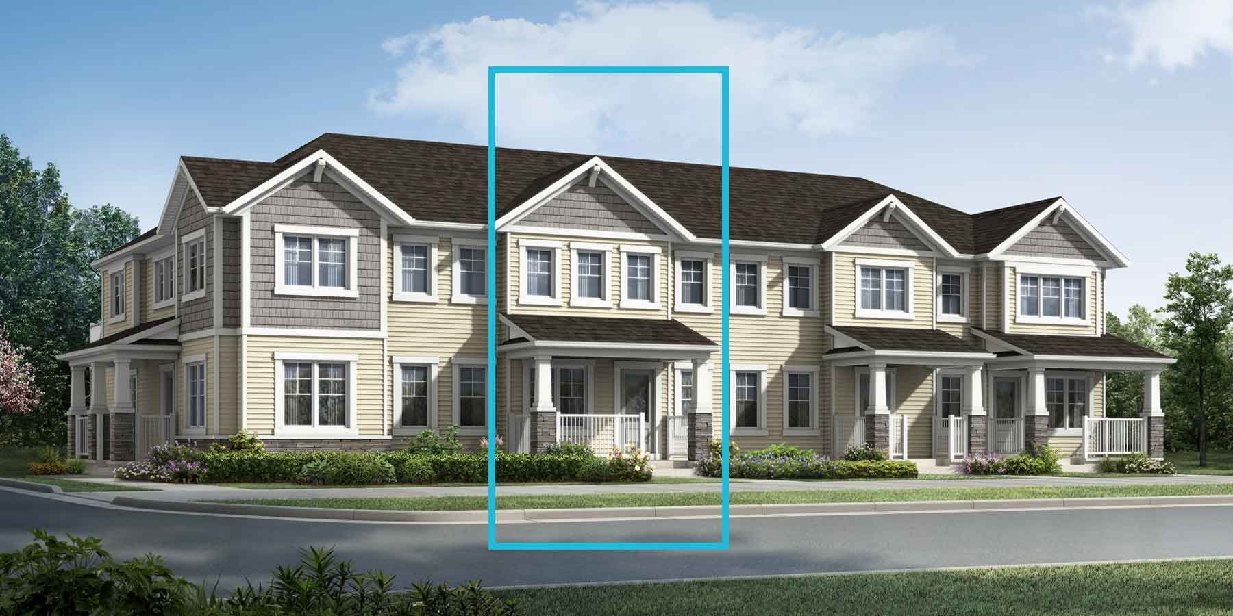 2 story Craftsman style townhomes with light yellow and light grey exterior, dark roof, many windows, white trim, front porches, blue outline of 3rd home from right