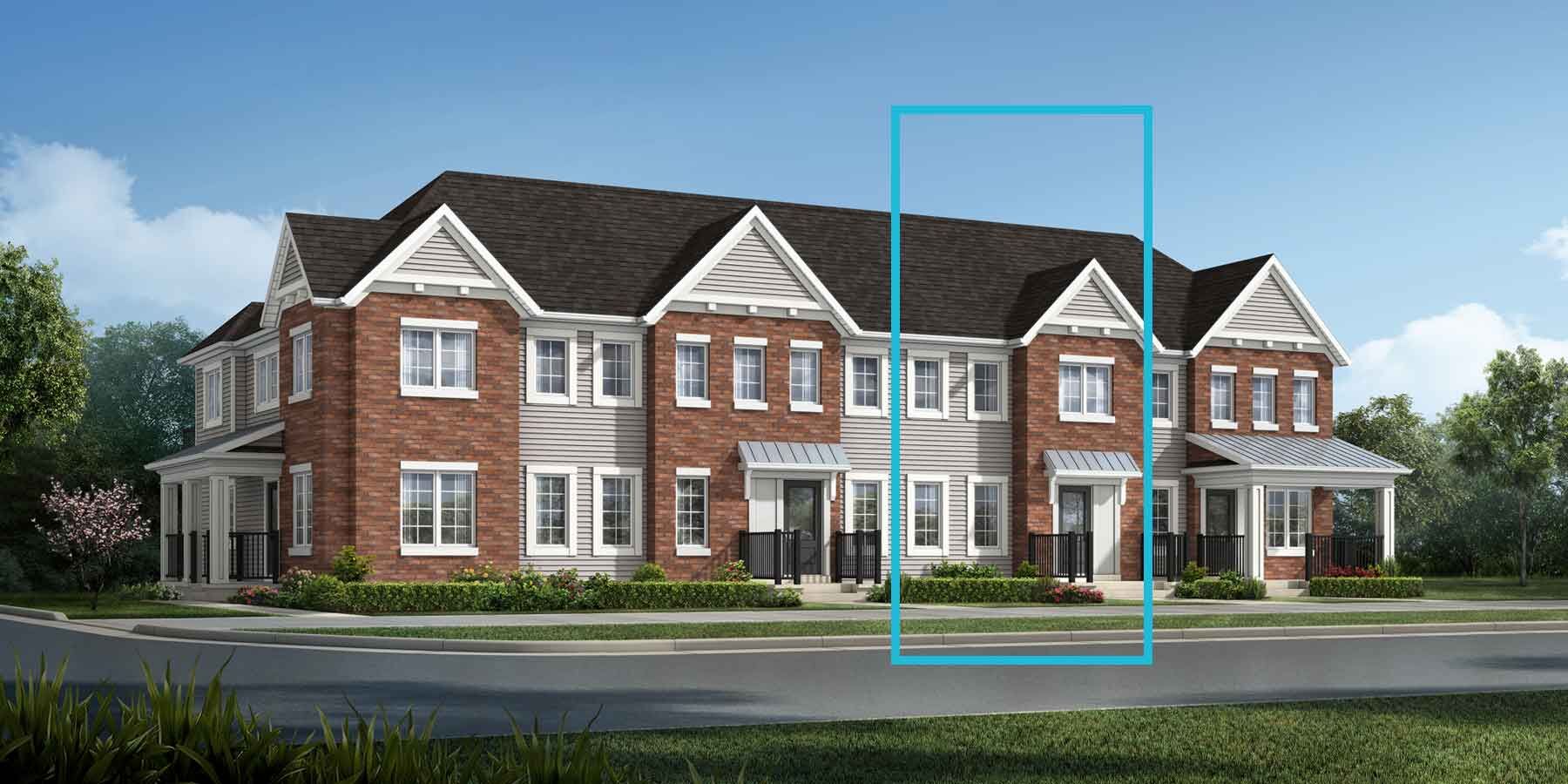 2 story attached Brownstone style home with brown brick and light grey exterior, black roof, white trim, many windows, front porches, blue outline of 2nd home on right