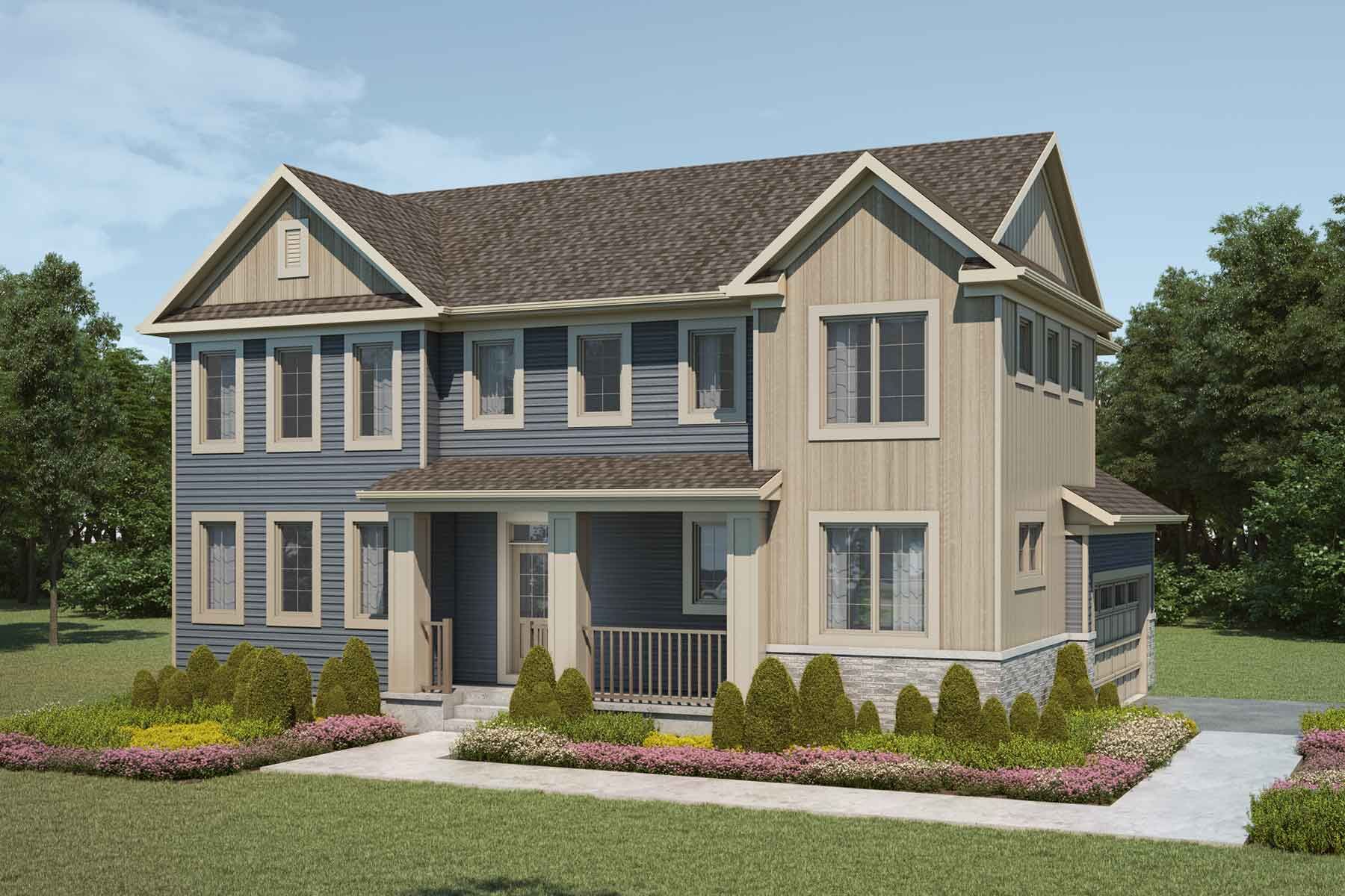 Rendering of 2 story single family Colonial style home with dusty blue and tan exterior, brown roof, many windows, front patio, double car garage on other side