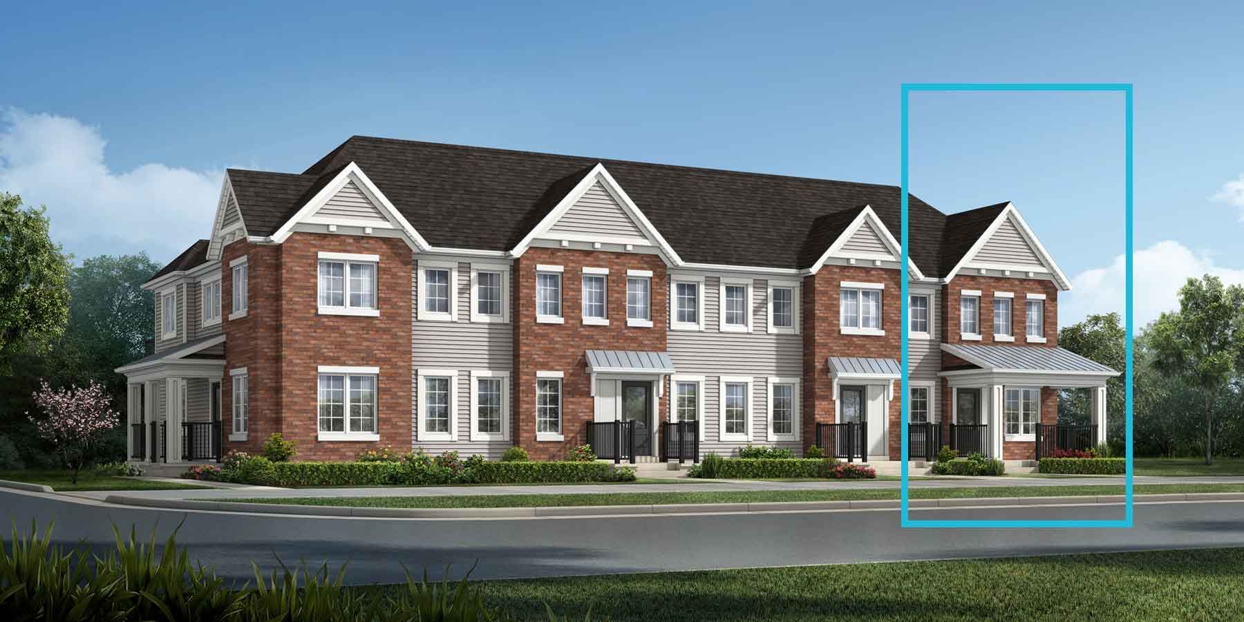 2 story Brownstone style townhouses with red brick and light grey exterior, dark roof, white trim, many windows, front porches, blue outline of home on right