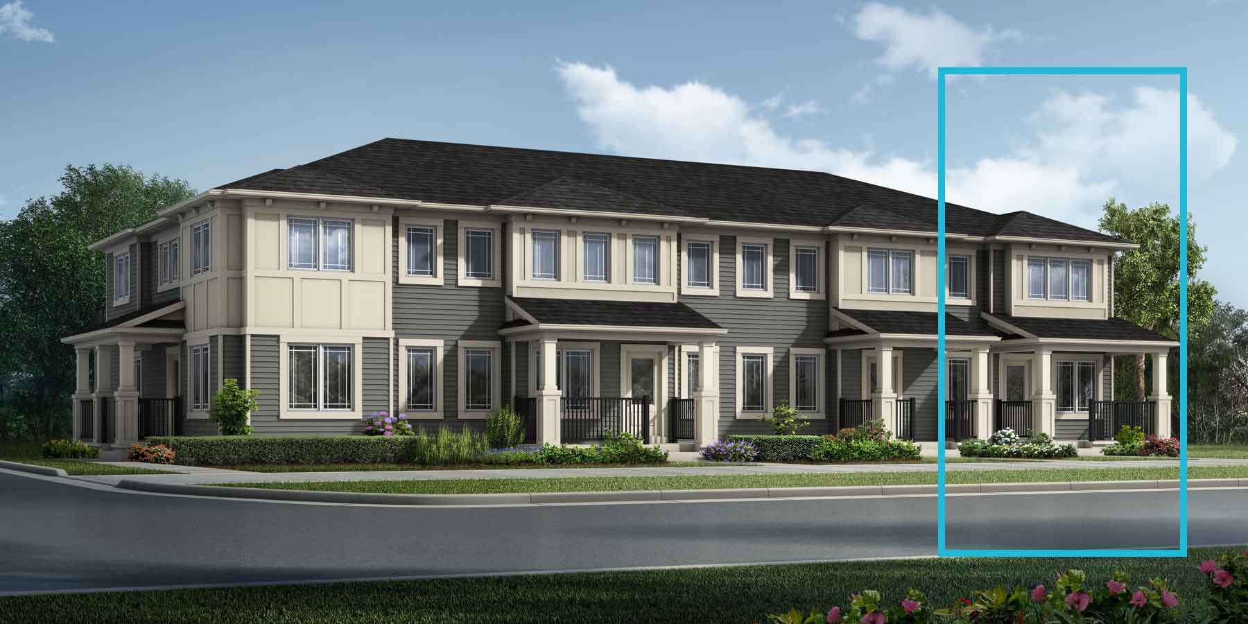 2 story Prairie style townhouse with cream and grey exterior, black roof, many windows, front porches, blue outline of home on right
