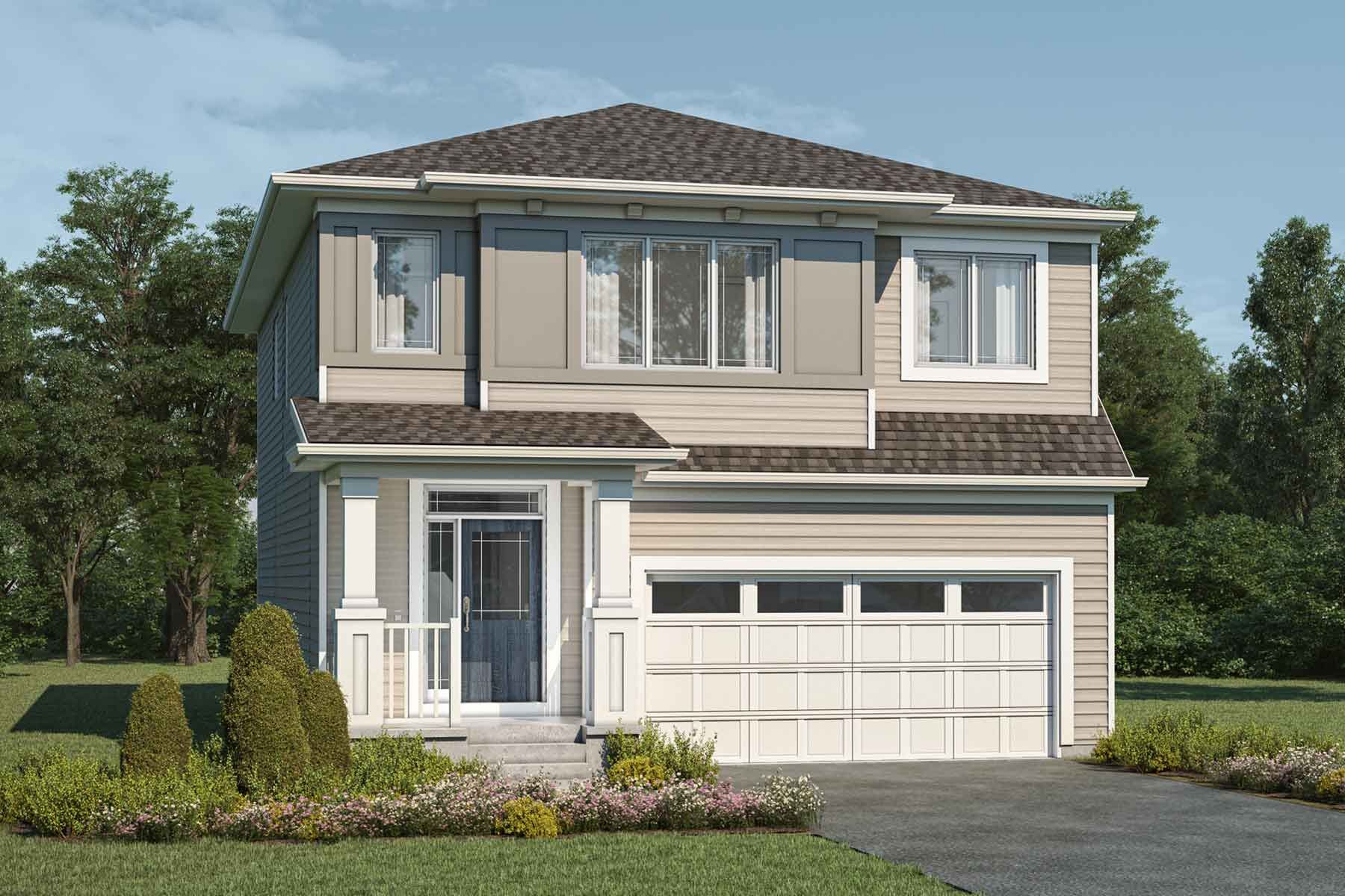 2 story Prairie style single family home with cream exterior, white trim, grey roof, many windows, front porch with blue door, double car garage