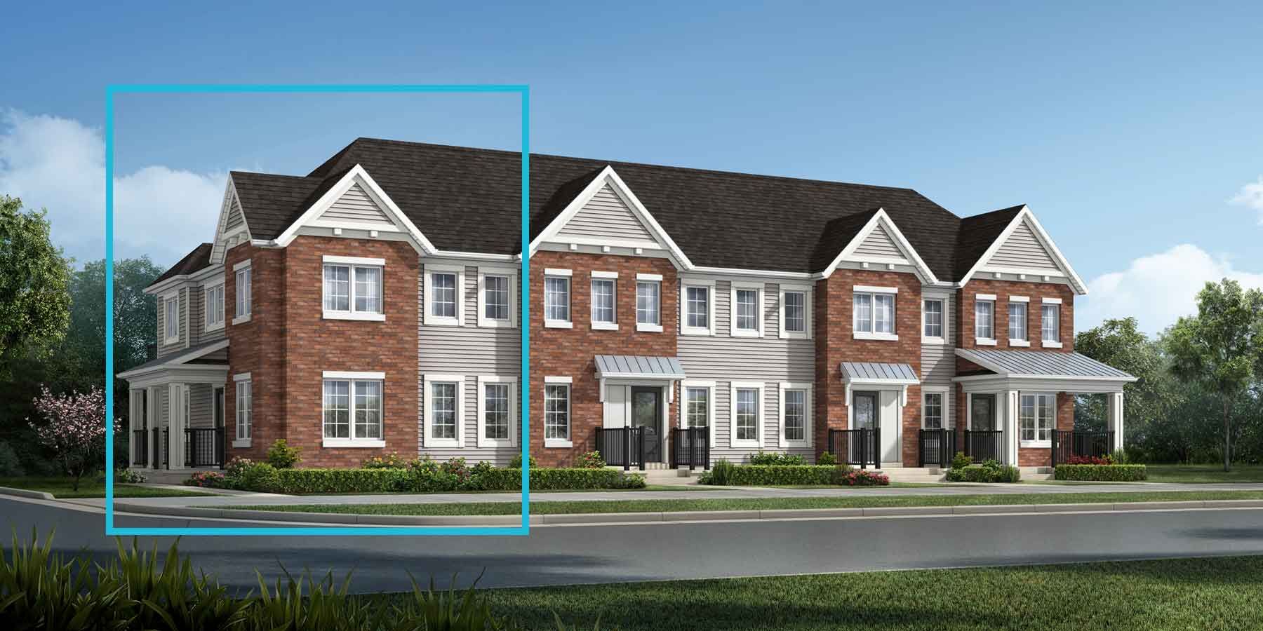 2 story Brownstone style townhomes with brown stone and light grey exterior, white trim, many windows, dark roof, front porches, blue outline of home on left