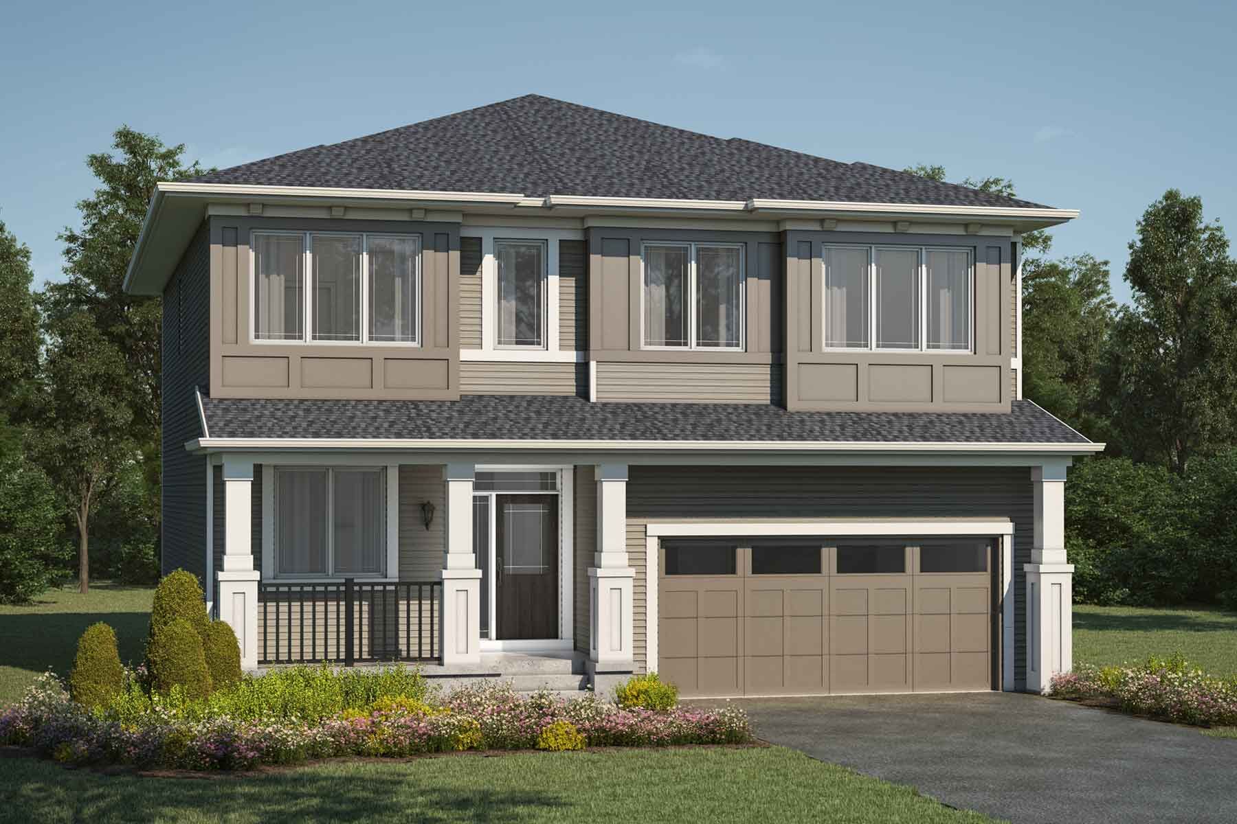 2 story Prairie style detached home with beige exterior, white trim, grey roof, many windows, front porch, double car garage