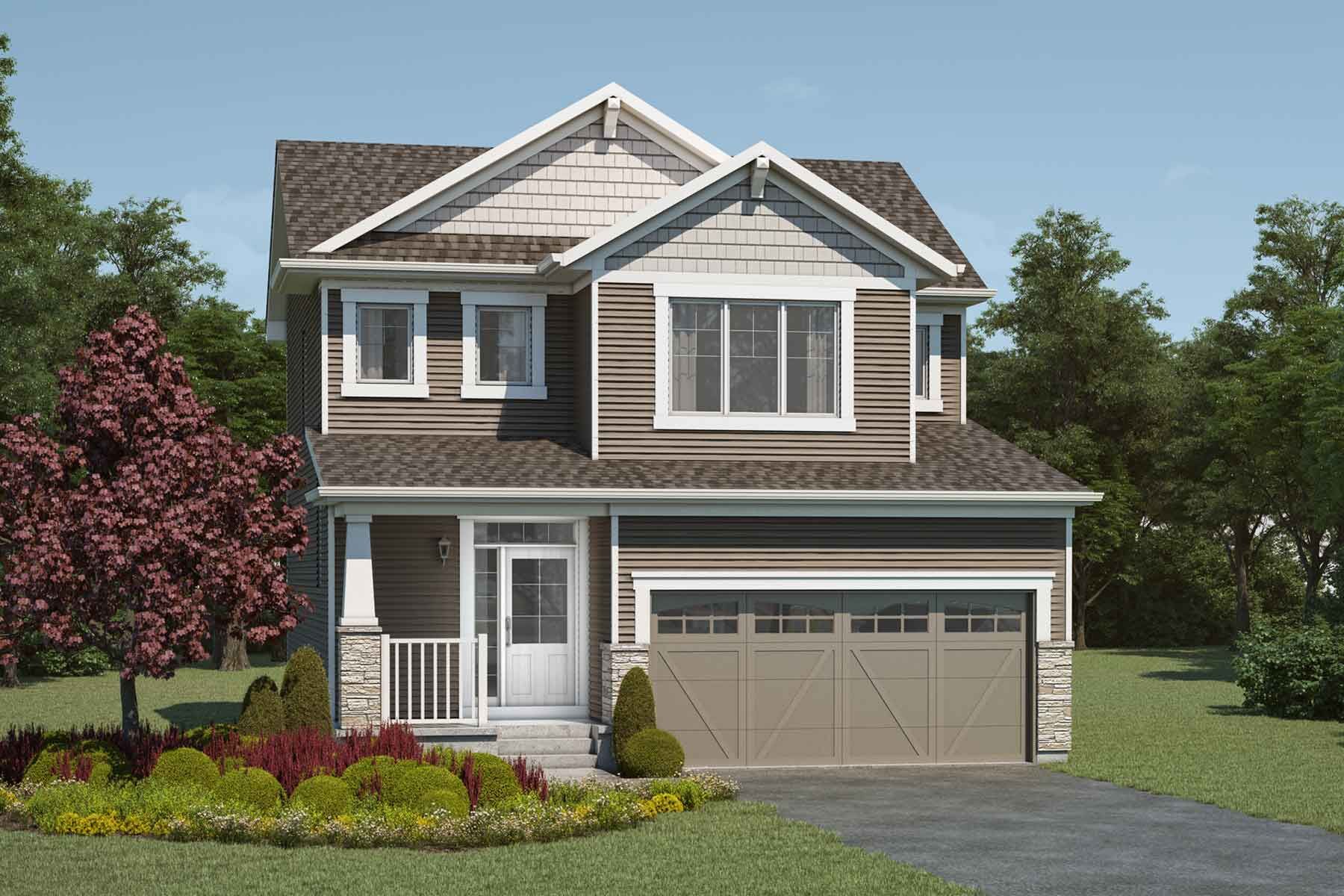 2 story Craftsman style single family home with beige and cream exterior, grey roof, white trim, many windows, front porch, double car garage