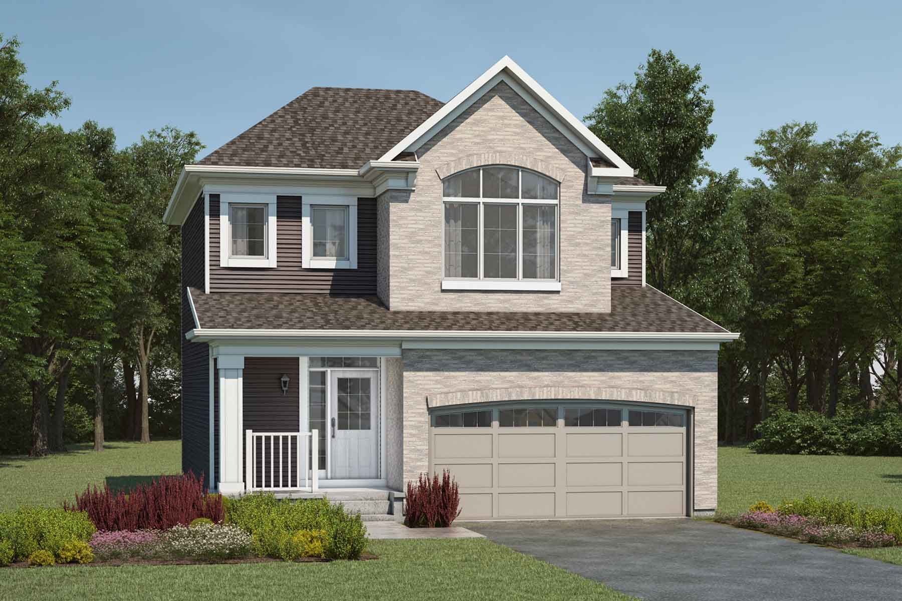 2 story Georgian Colonial style single family home with light grey brick and taupe exterior, grey roof, white trim, many windows, front porch, double car garage