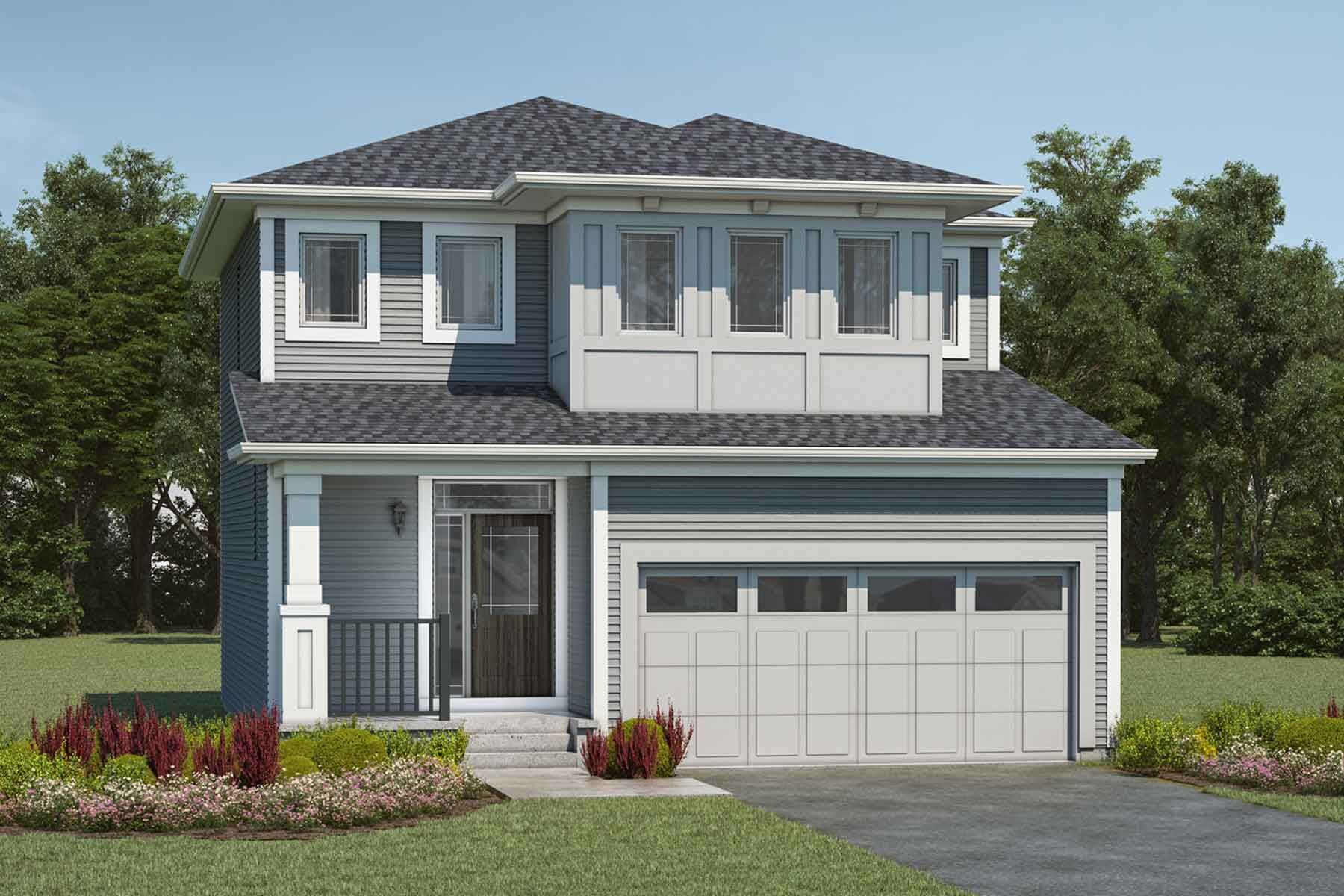 2 story Prairie style single family home with grey and light grey exterior, dark grey roof, white trim, many windows, front porch, double car garage