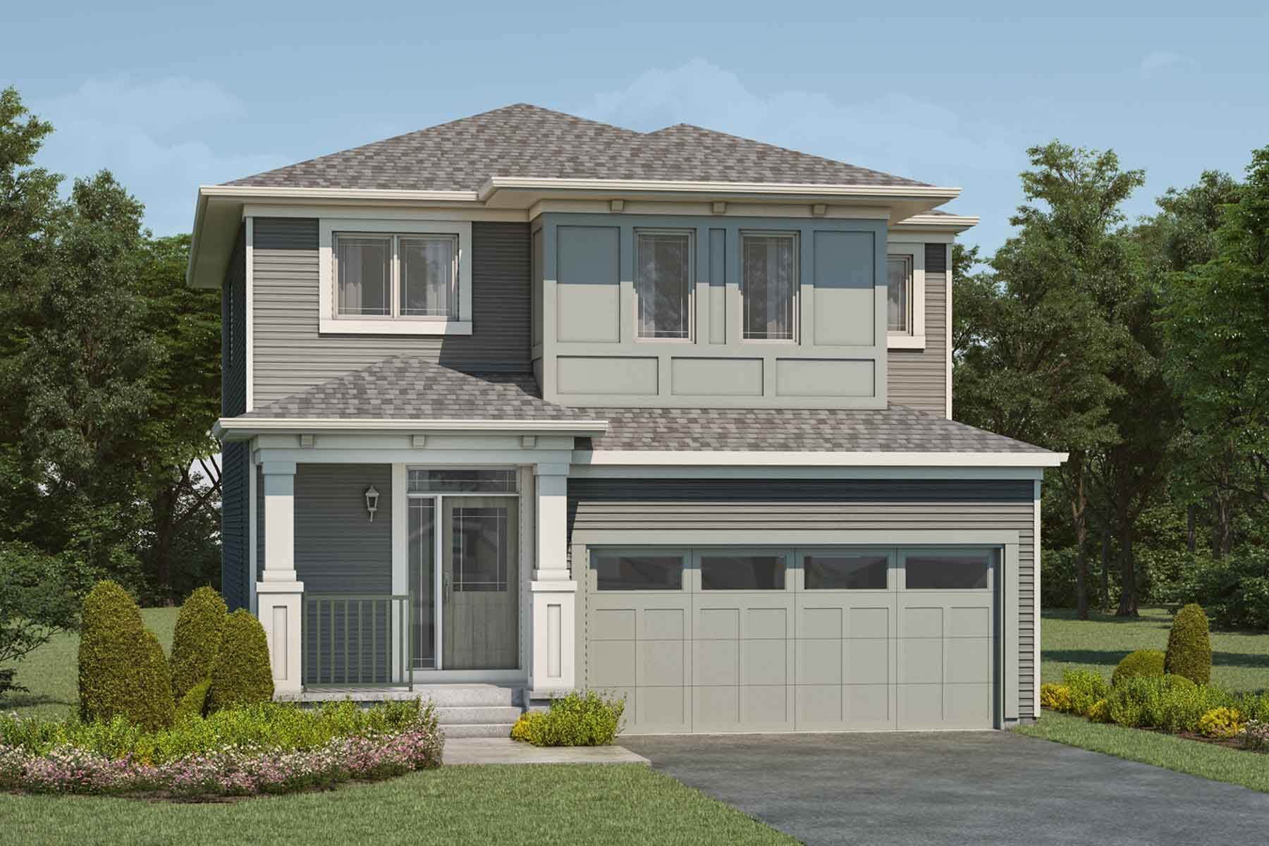 2 story detached Prairie style home with grey and light dusty green exterior, light grey roof, white trim, front porch, double car garage