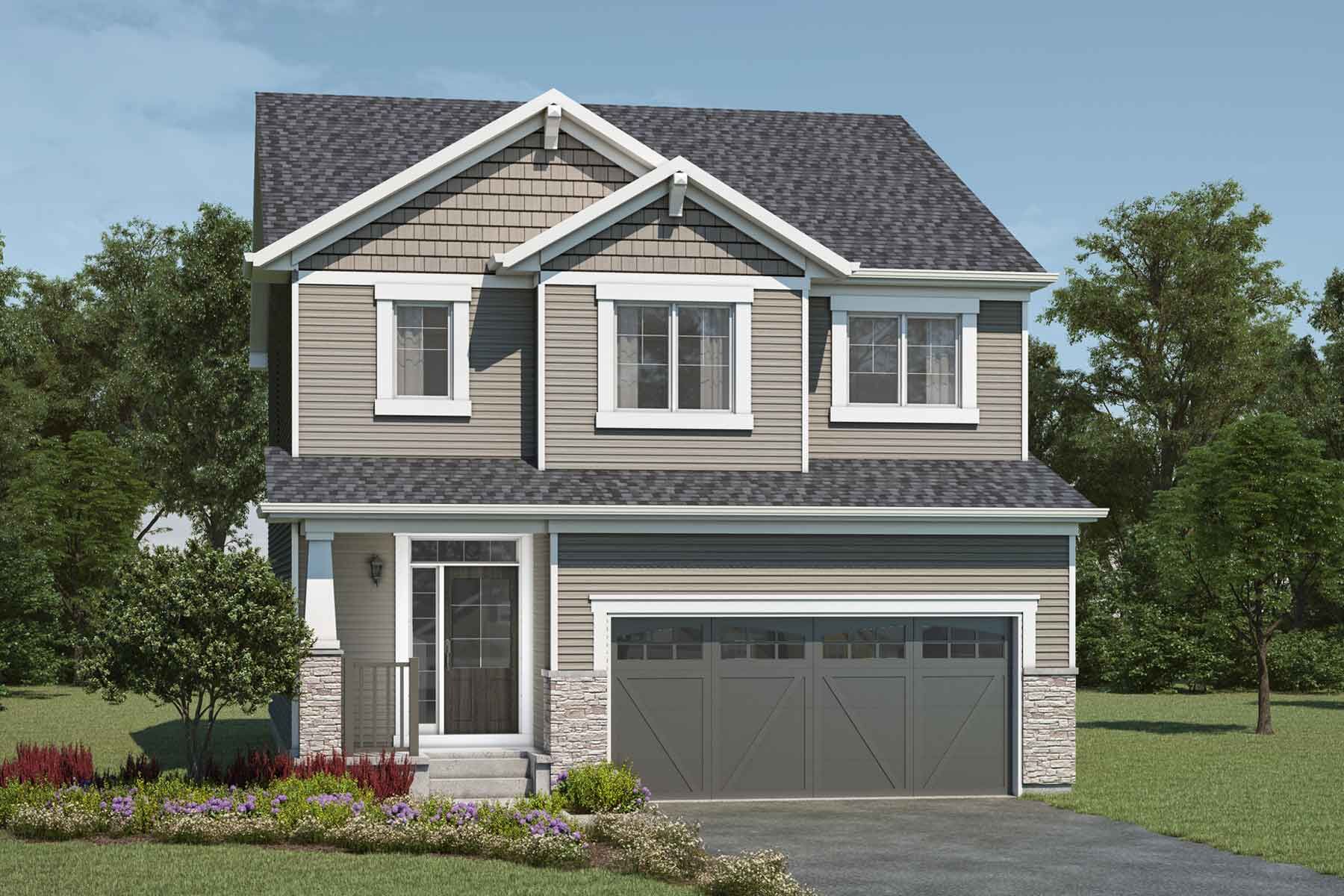 2 story detached Craftsman style home with light beige exterior, grey roof, white trim, many windows, front porch, double car garage