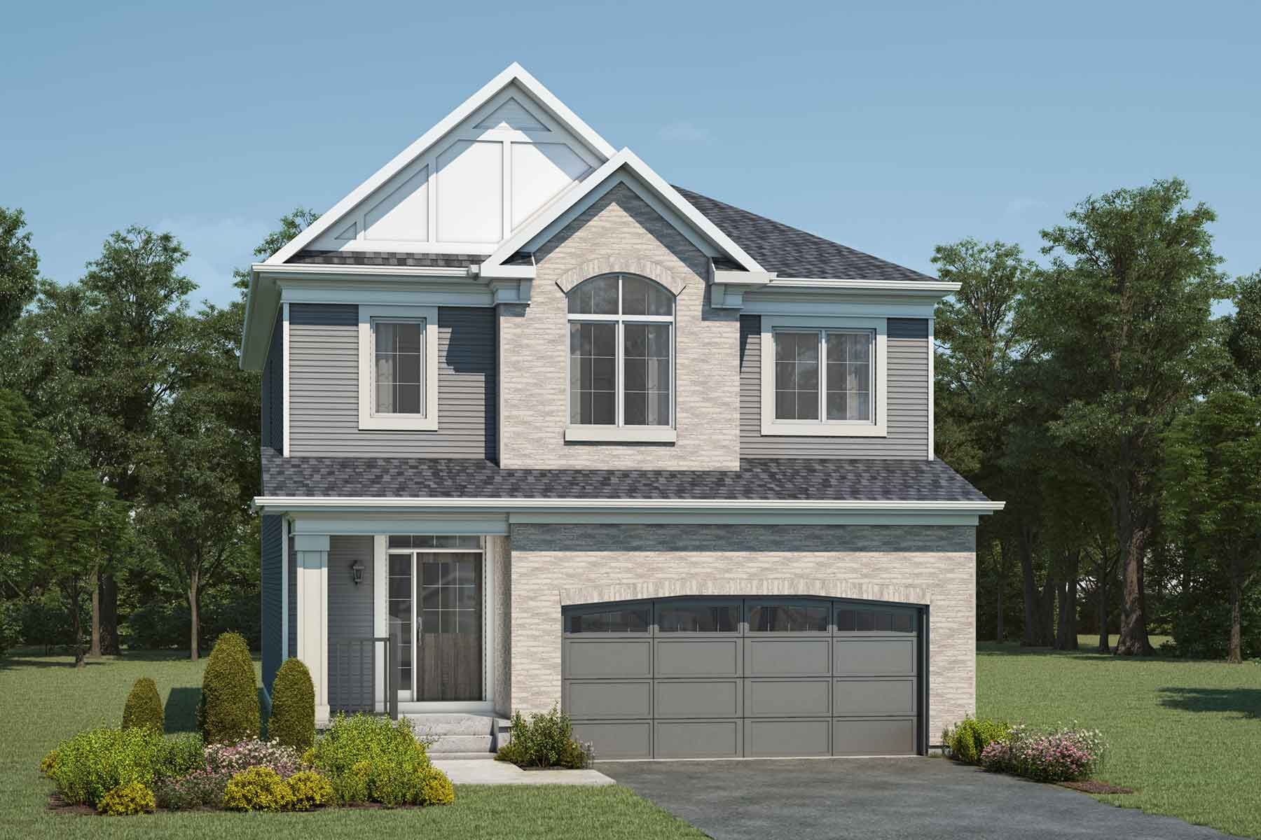 2 story detached Georgian Colonial style home with light grey brick and light grey exterior, grey roof, white accents, many windows, front porch, double car garage