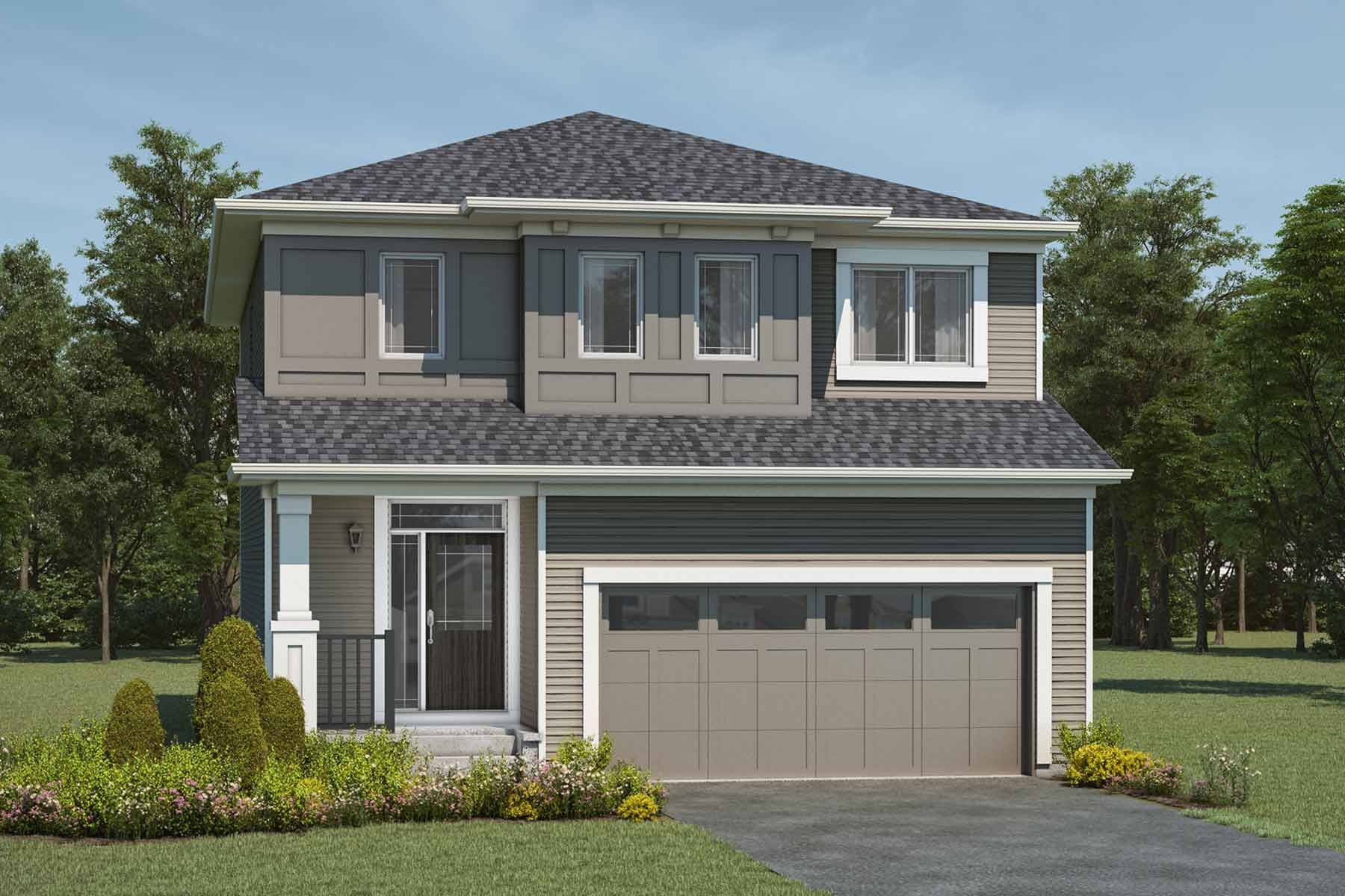 2 story detached Prairie style home with beige exterior, grey roof, white trim, many windows, front porch, double car garage