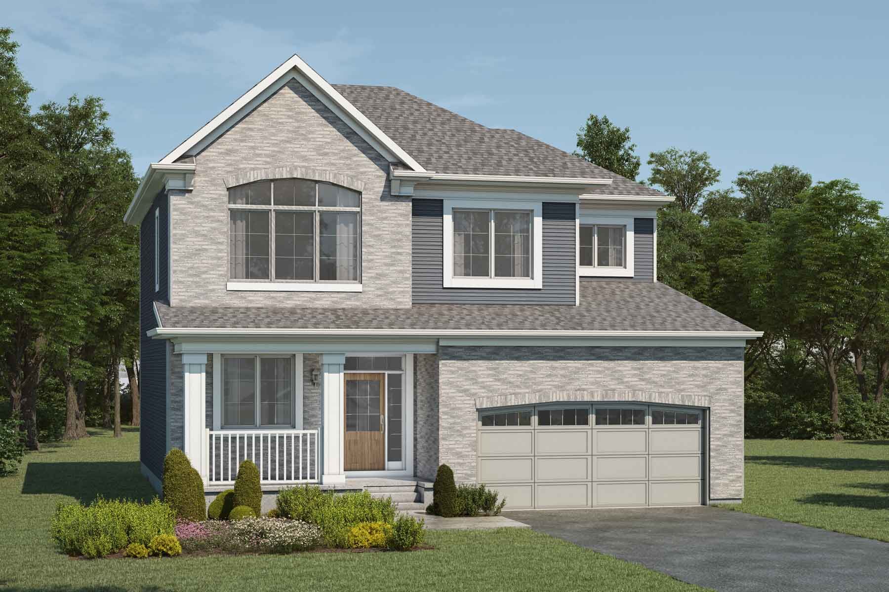 2 story single family Georgian Colonial style home with light grey and grey exterior, grey roof, white trim, many windows, front porch, double car garage